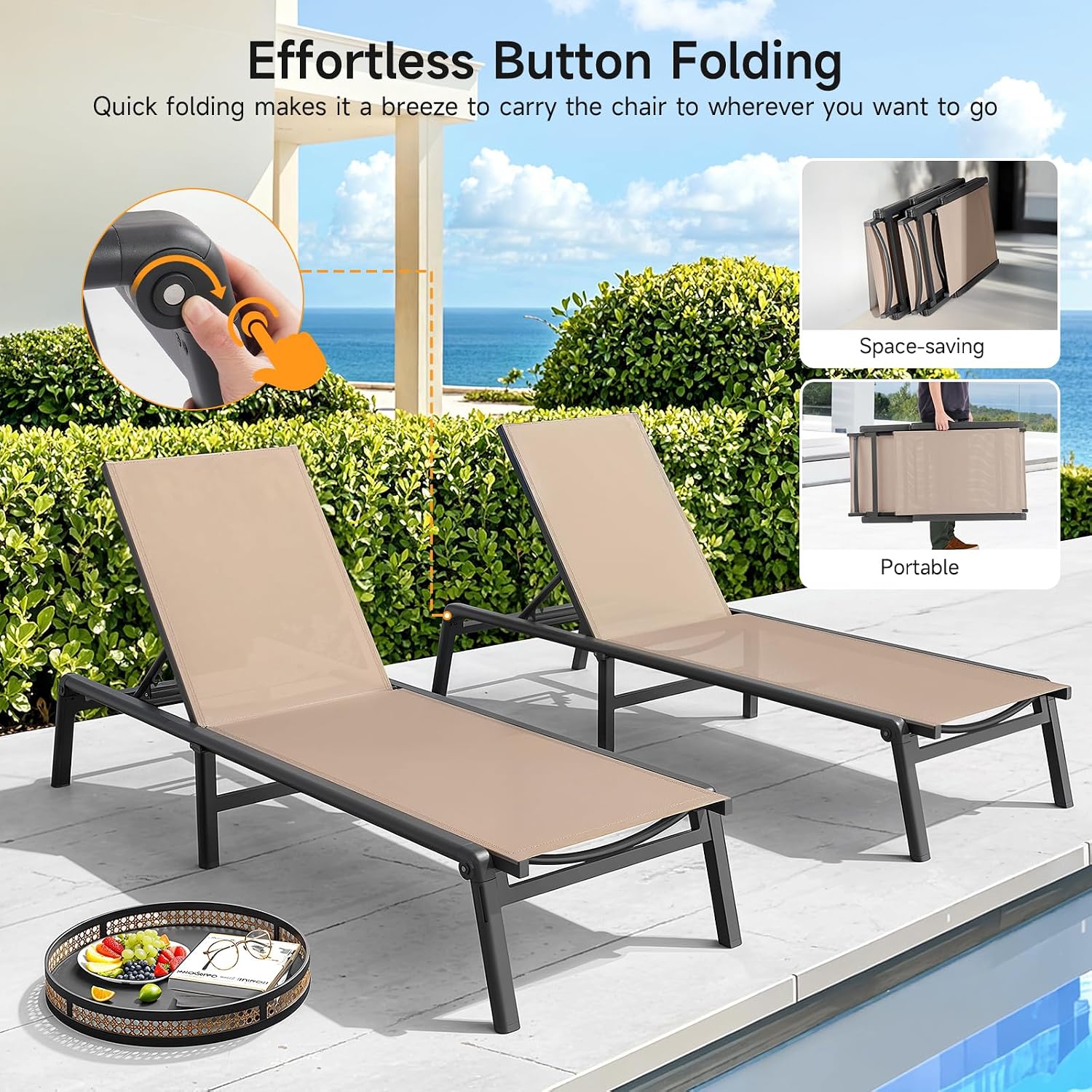 Aluminum Chaise Lounge Chair Outdoor for Outside Poolside. 1PC. Khaki | Foldable & Assembly Free Outdoor Lounge Chair with 5 Position Adjustable Backrest. Patio Pool Lounge Chairs for Beach Lawn