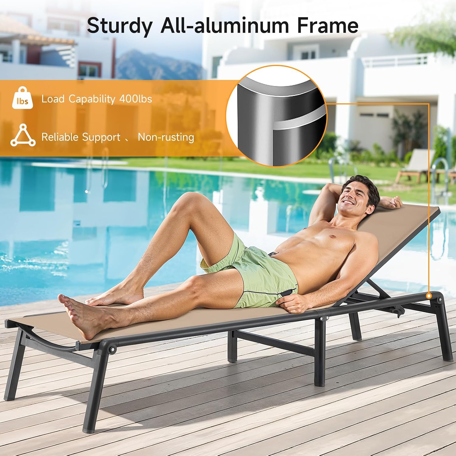 Aluminum Chaise Lounge Chair Outdoor for Outside Poolside. 1PC. Khaki | Foldable & Assembly Free Outdoor Lounge Chair with 5 Position Adjustable Backrest. Patio Pool Lounge Chairs for Beach Lawn