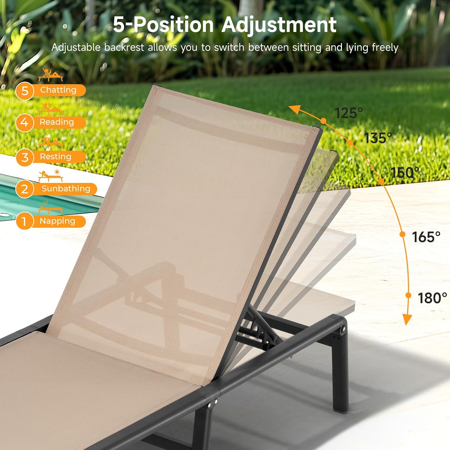 Aluminum Chaise Lounge Chair Outdoor for Outside Poolside. 1PC. Khaki | Foldable & Assembly Free Outdoor Lounge Chair with 5 Position Adjustable Backrest. Patio Pool Lounge Chairs for Beach Lawn