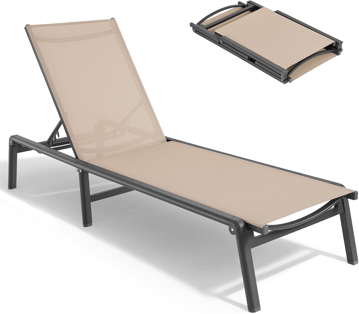 Aluminum Chaise Lounge Chair Outdoor for Outside Poolside. 1PC. Khaki | Foldable & Assembly Free Outdoor Lounge Chair with 5 Position Adjustable Backrest. Patio Pool Lounge Chairs for Beach Lawn