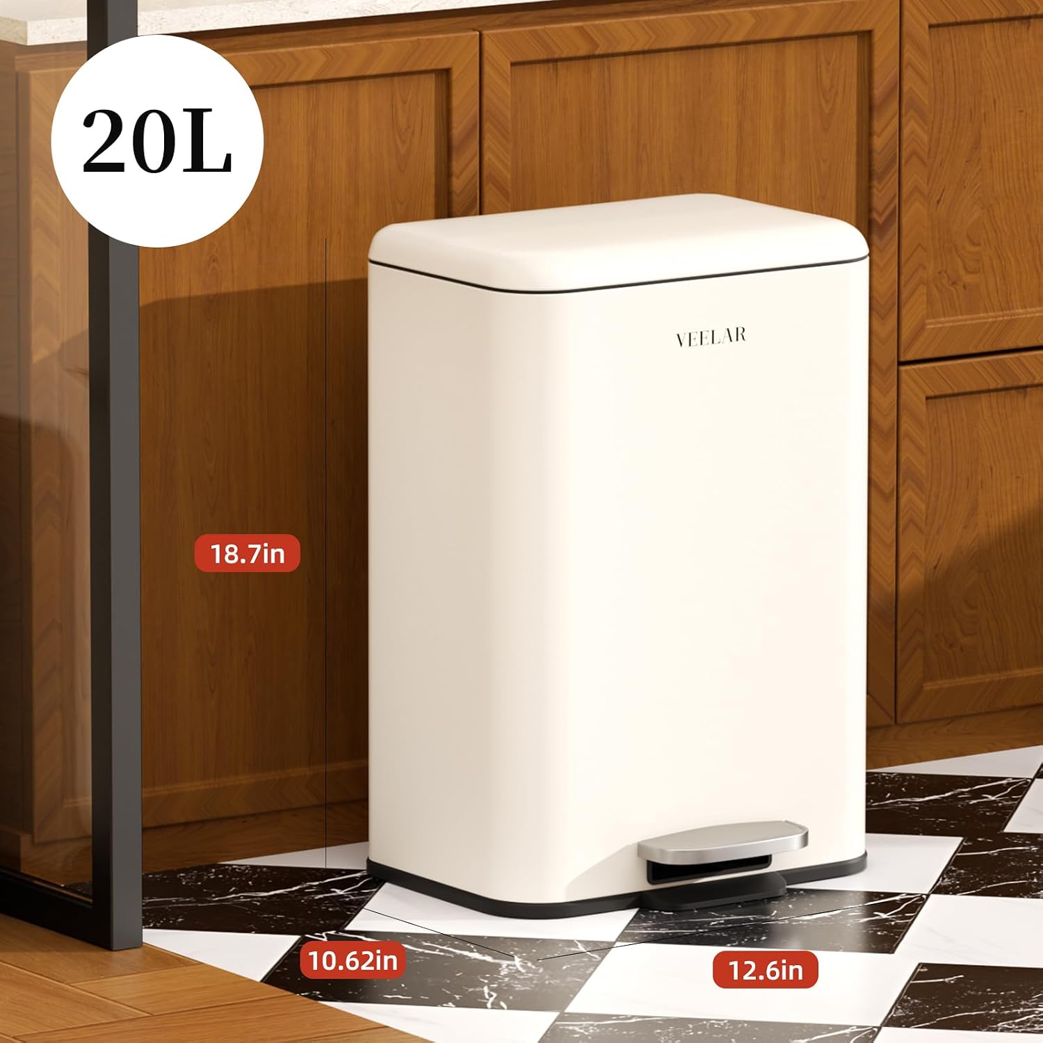VEELAR Kitchen Bathroom 5.5Gal / 20L Trash Can (White) | Stainless Steel Garbage Cans with Foot Pedal. Recycling Bin with Lid for Office Bathroom