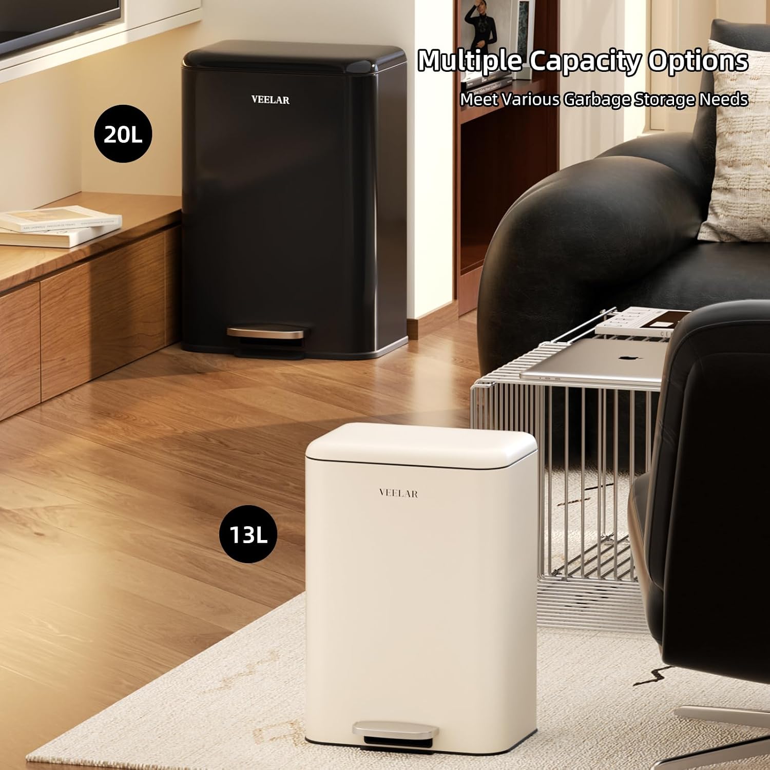 VEELAR Kitchen Bathroom 5.5Gal / 20L Trash Can (White) | Stainless Steel Garbage Cans with Foot Pedal. Recycling Bin with Lid for Office Bathroom