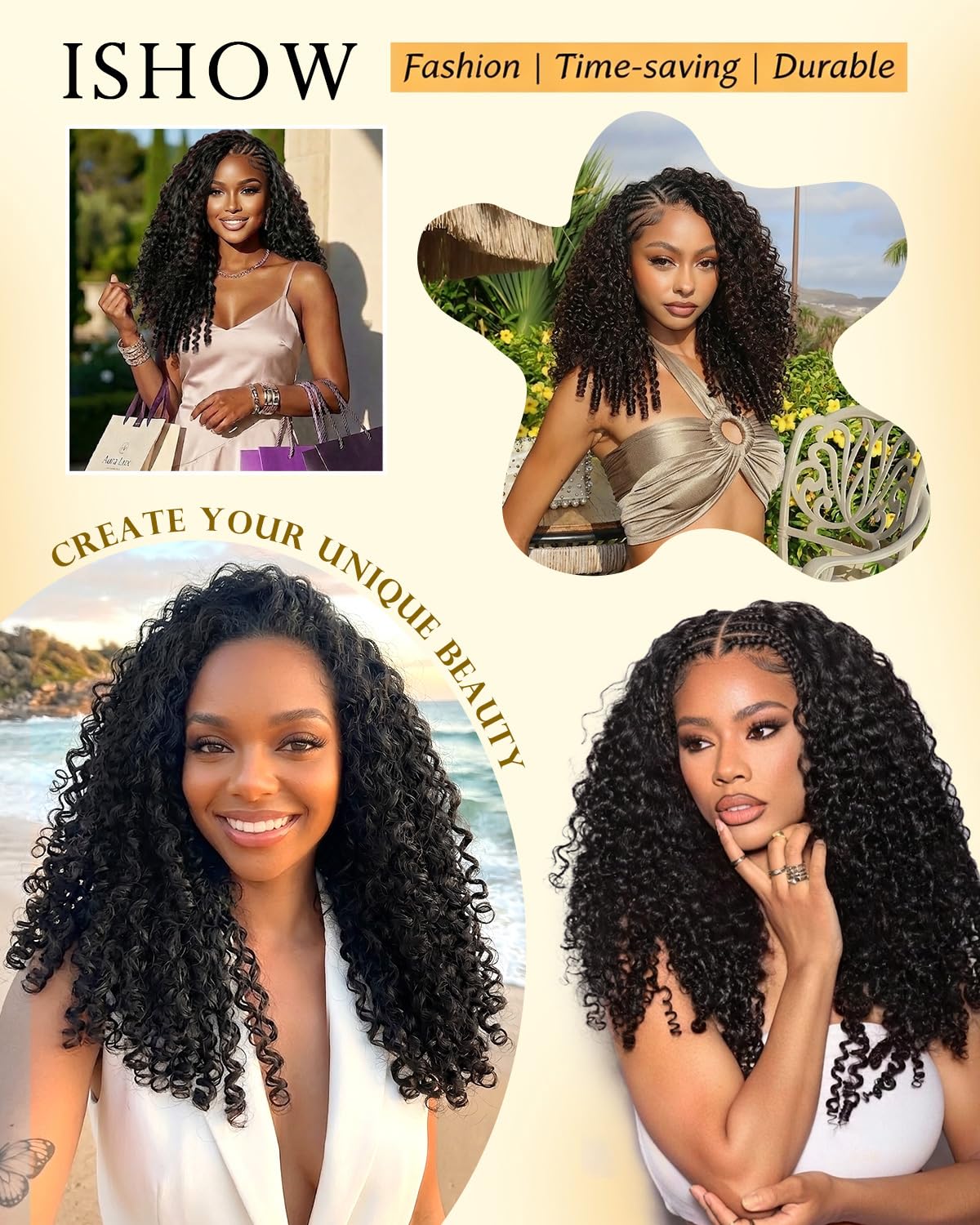 ISHOW Burmese Curly Crochet Human Hair 110g 80 Strands 18 Inch Miracle Style Knots Hair Pre‑Looped Natural Black Real Feather Crochet Hair Bundles for Black Women Soft Curly Pre‑Stretched 1B