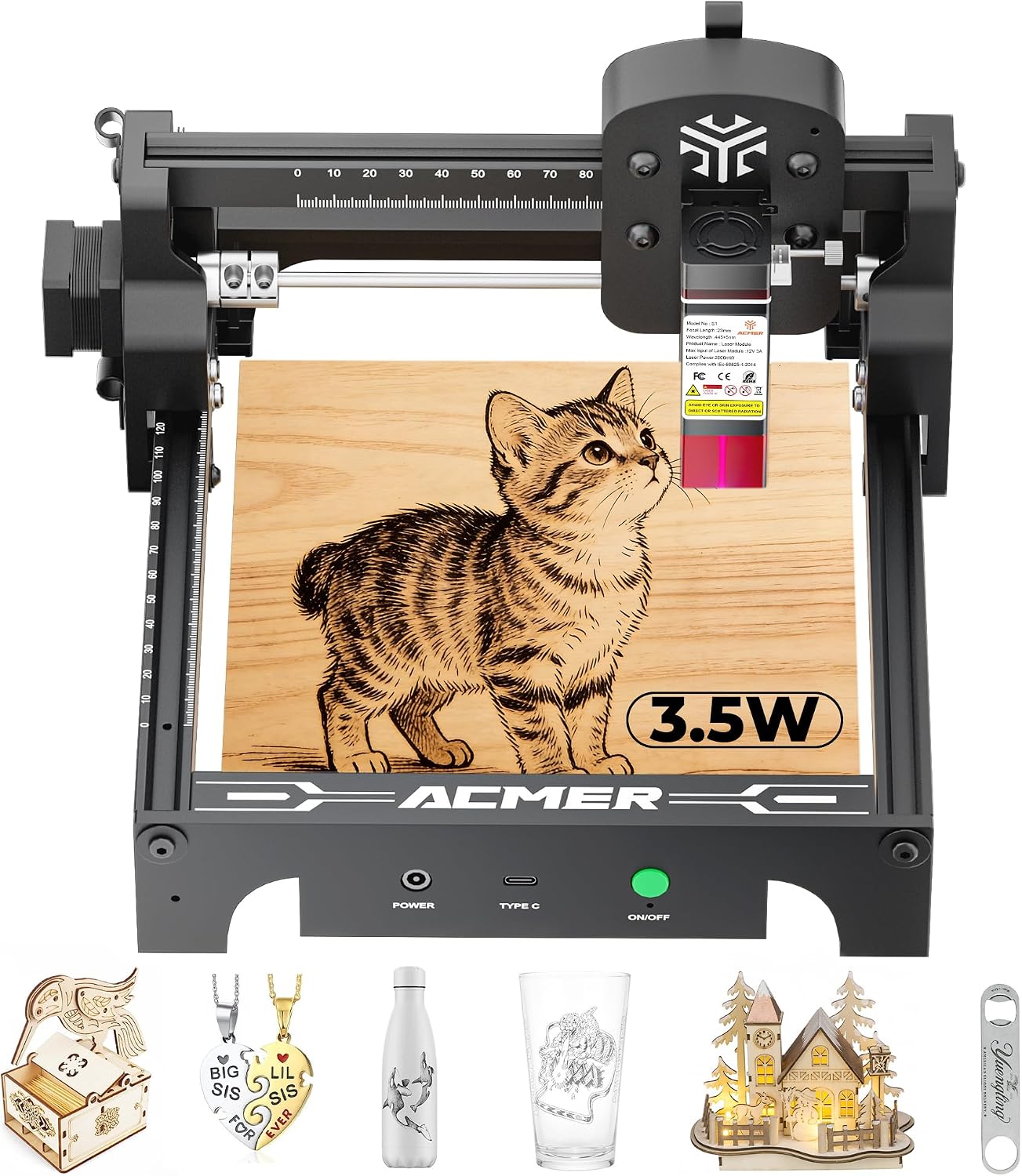 ACMER S1 Laser Engraver 3500mW. Compact Desktop Engraving & Cutting Machine for DIY Crafts. Small Business & Makers. 130x130mm Work Area. 0.04mm Detail Engraving for Wood. Acrylic
