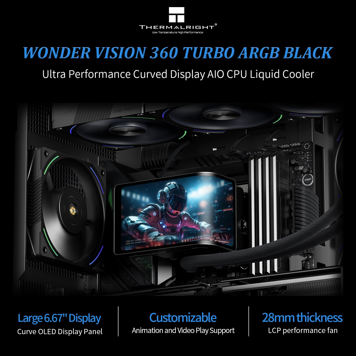 Thermalright Wonder Vision 360 Turbo ARGB Black AIO CPU Cooling. CPU Water Cooler System. 6.67 Inch Curved Screen with 2400x1080 Resolution. for AM4/AM5. LGA1851/1700. 7