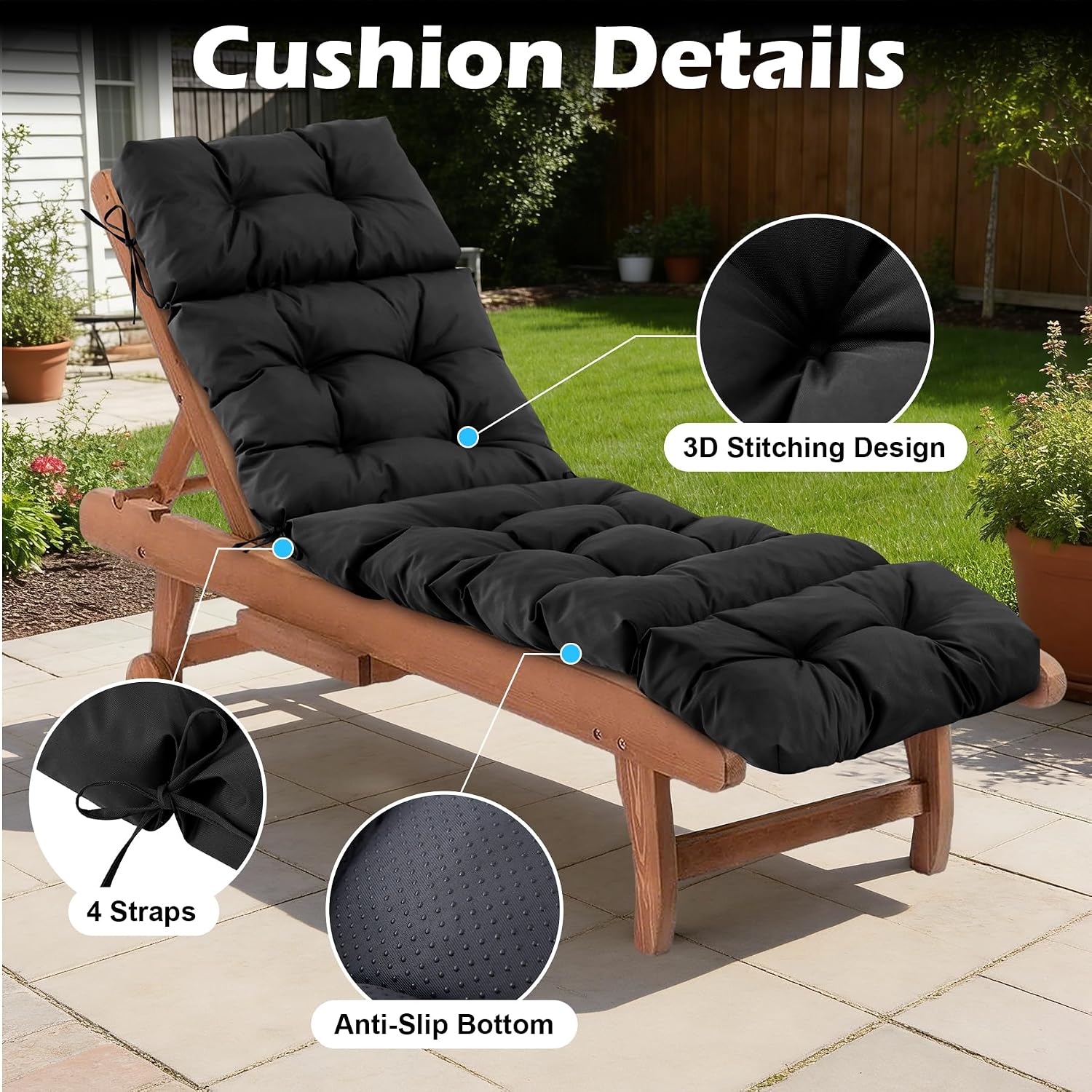 2 Pcs Chaise Lounge Cushions Outdoor.Waterproof & Fade Resistant Patio Lounge Chair Cushions for Outdoor Furniture. Chaise Cushion with Ties for Pool. Lawn and Beach. 75.1x22.8x4.7 Inch. Black