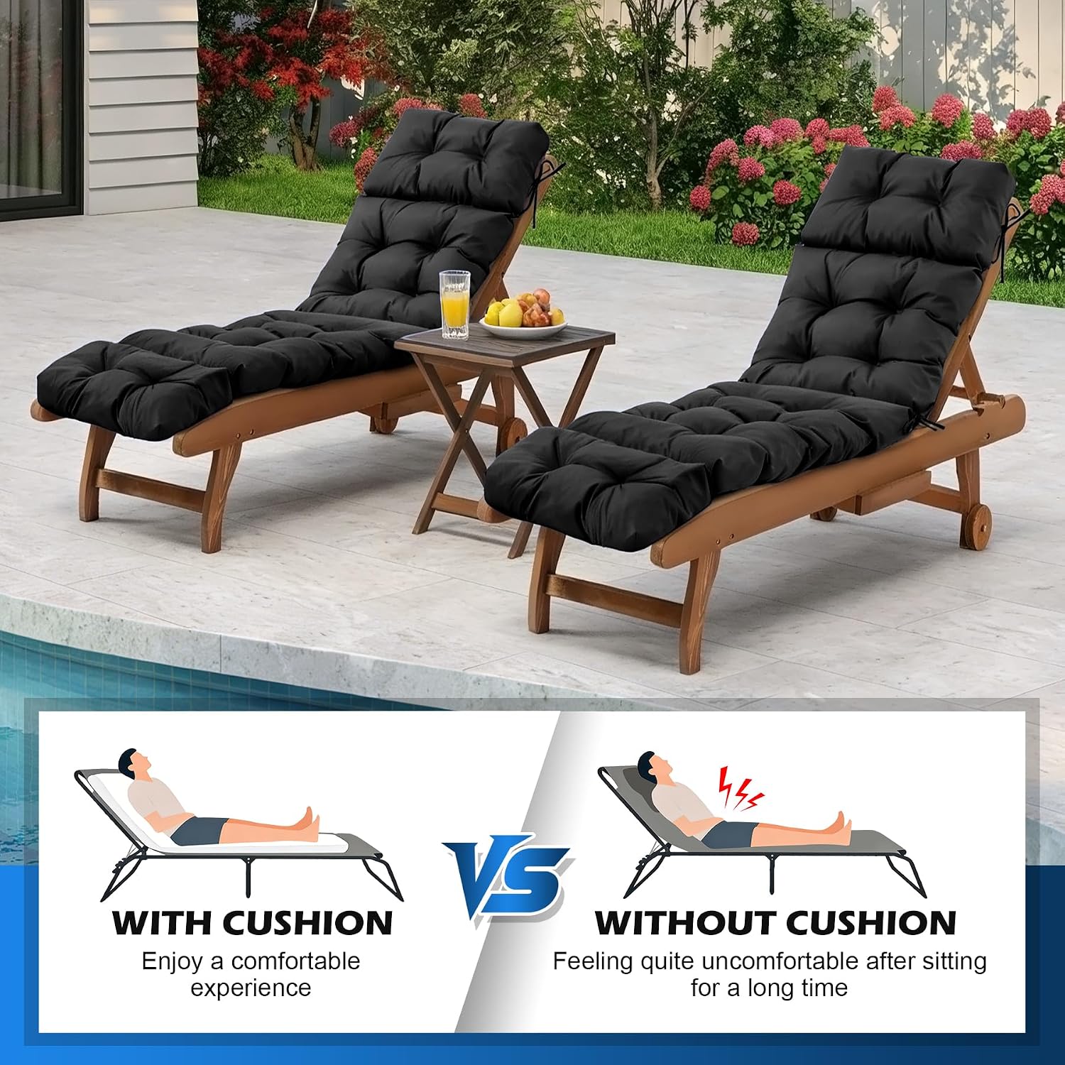 2 Pcs Chaise Lounge Cushions Outdoor.Waterproof & Fade Resistant Patio Lounge Chair Cushions for Outdoor Furniture. Chaise Cushion with Ties for Pool. Lawn and Beach. 75.1x22.8x4.7 Inch. Black