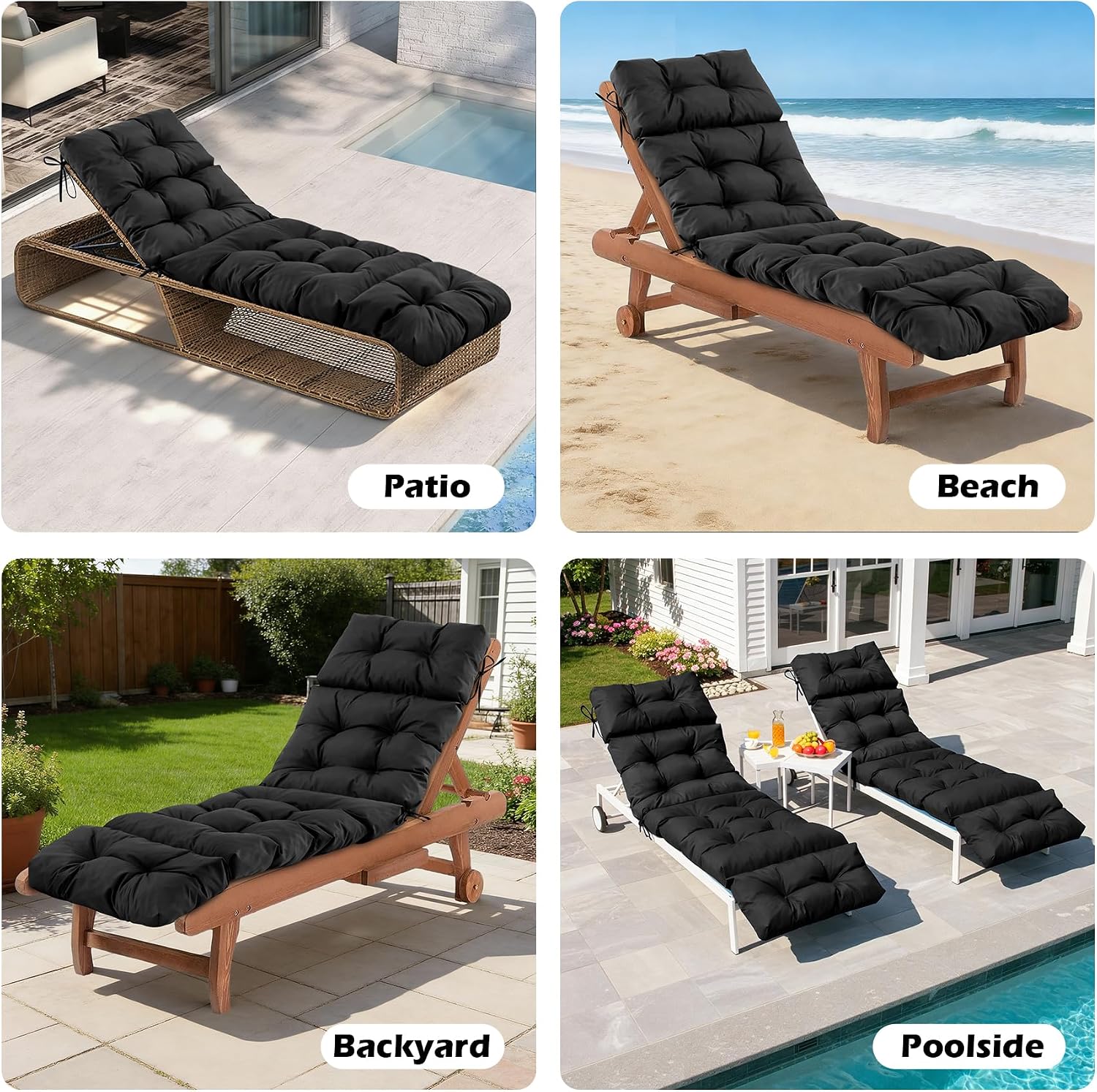 2 Pcs Chaise Lounge Cushions Outdoor.Waterproof & Fade Resistant Patio Lounge Chair Cushions for Outdoor Furniture. Chaise Cushion with Ties for Pool. Lawn and Beach. 75.1x22.8x4.7 Inch. Black