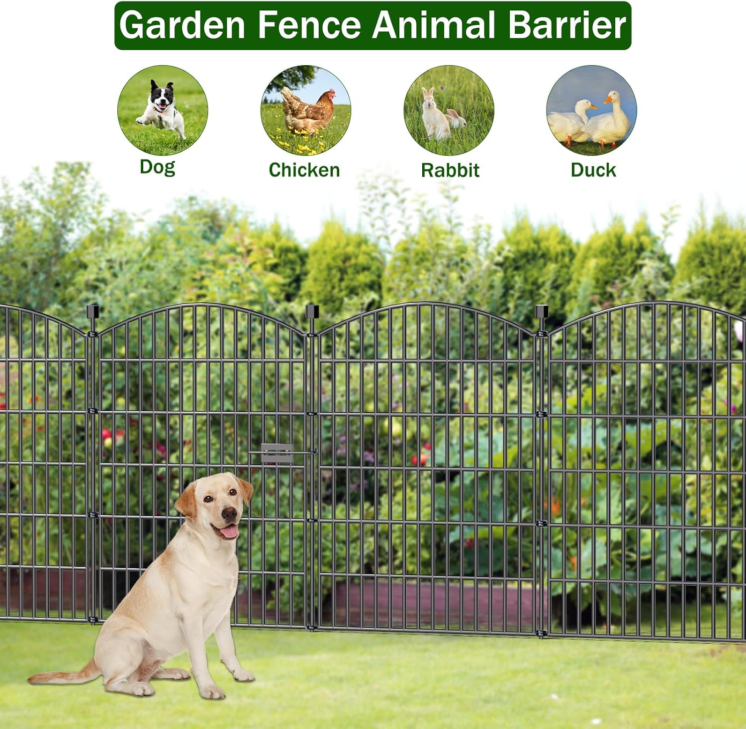 10 Panel No Dig Decorative Garden Fence with Gate 40H x 23.6'L Dog Barrier | Rustproof welded Metal with deep stakes for outdoor yards. patios. Modular design contains pets. rabbits. small animals.