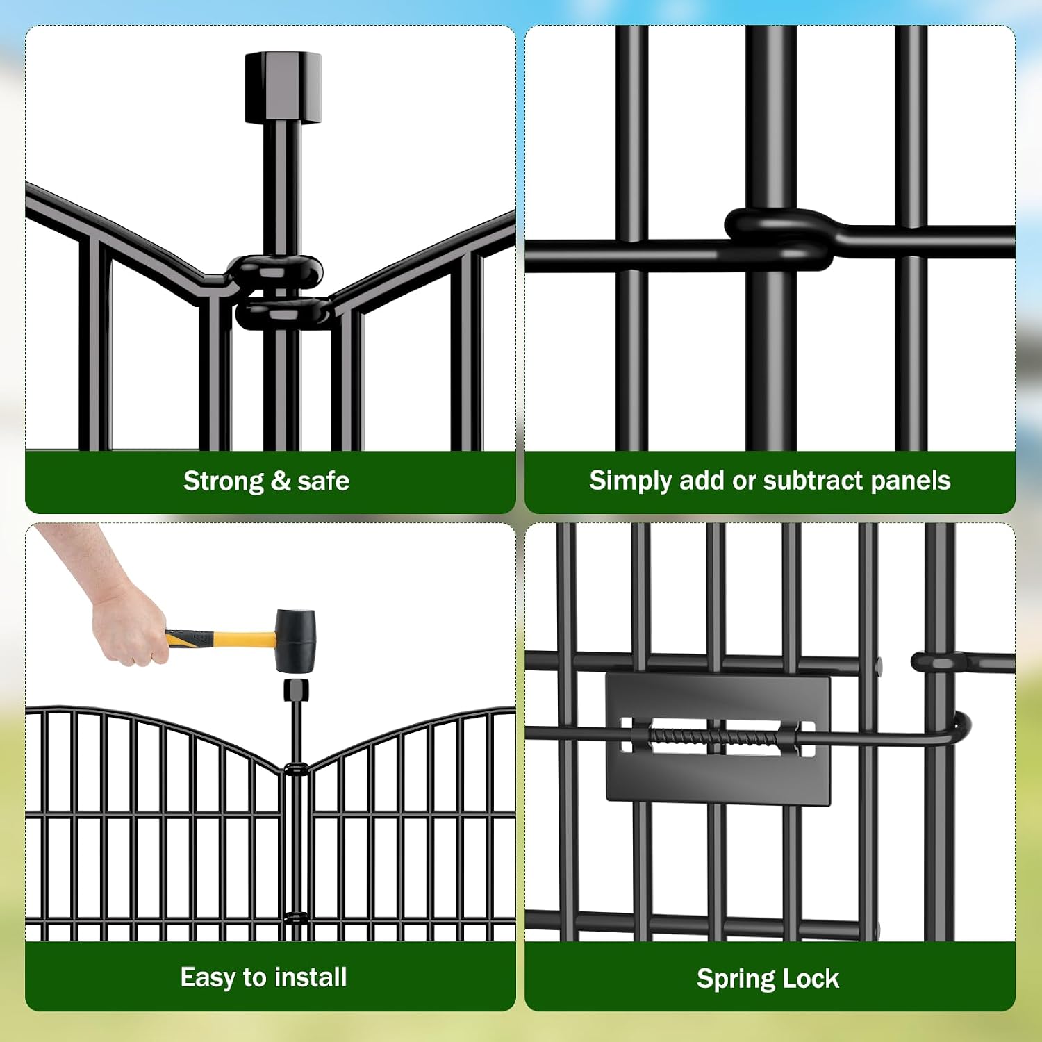 10 Panel No Dig Decorative Garden Fence with Gate 40H x 23.6'L Dog Barrier | Rustproof welded Metal with deep stakes for outdoor yards. patios. Modular design contains pets. rabbits. small animals.