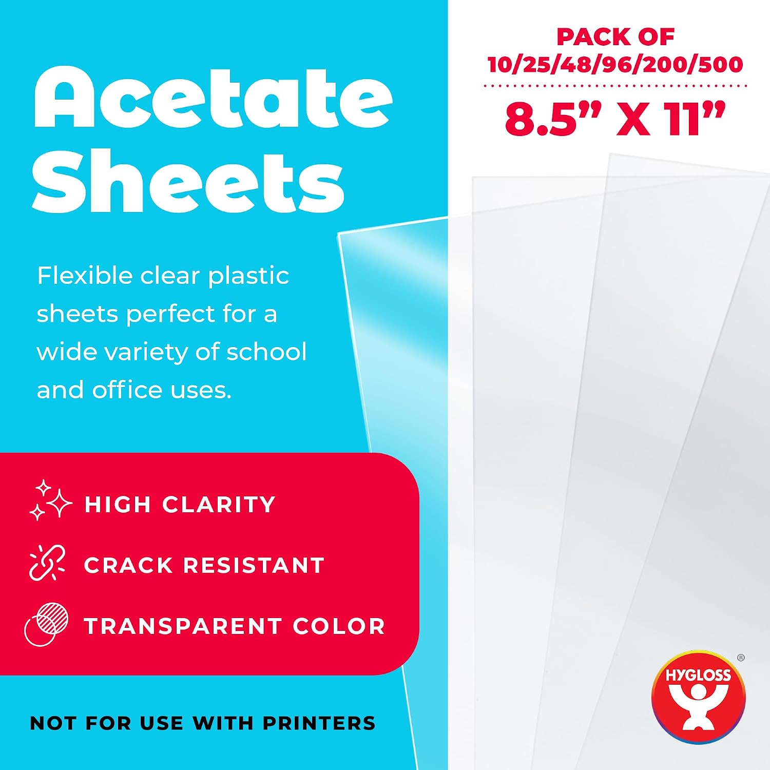 Hygloss 8.5 x 11 Acetate Paper - 7 Mil Clear Acetate Sheets for Crafts Projects. Classroom Stencil Sheets. Overhead Transparency Sheets for Projector. Clear Plastic Sheet (Not for Printers) 500 Pack