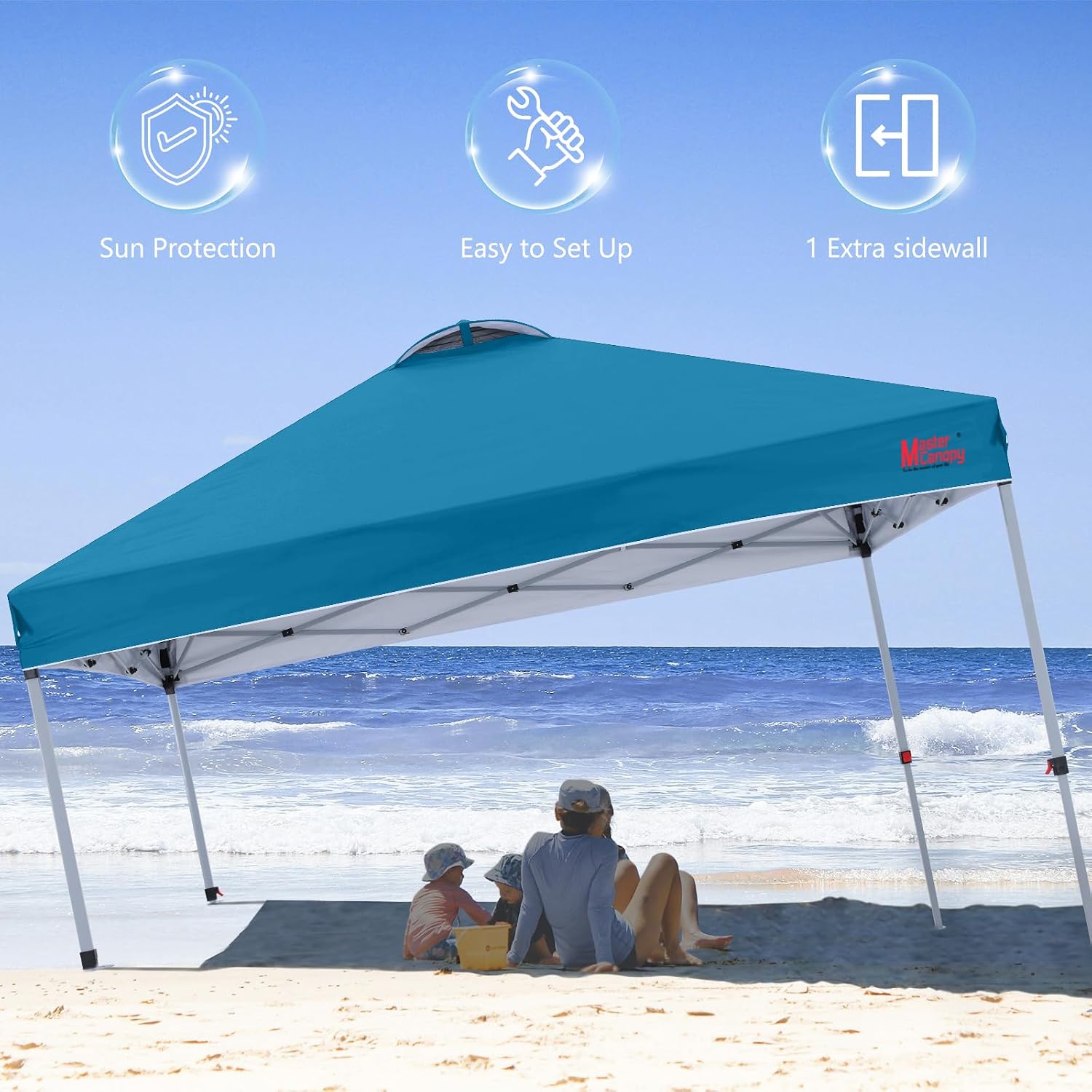 MASTERCANOPY 10x10 Durable Pop Up Canopy Tent with 1 Sidewall. Cyan Blue | One Person Setup. Outdoor Portable Canopy Instant Shelter. Silver Coated Top. Sun Shade. Roller Bag. Beach/Camping/Market