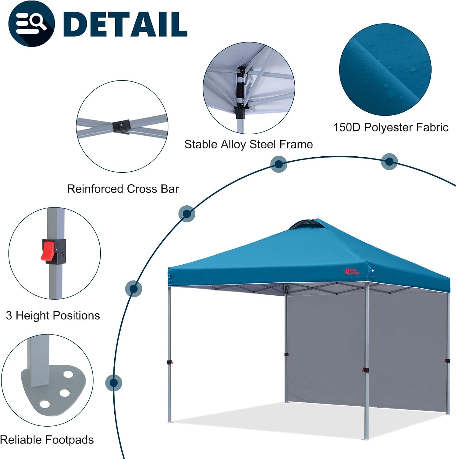 MASTERCANOPY 10x10 Durable Pop Up Canopy Tent with 1 Sidewall. Cyan Blue | One Person Setup. Outdoor Portable Canopy Instant Shelter. Silver Coated Top. Sun Shade. Roller Bag. Beach/Camping/Market