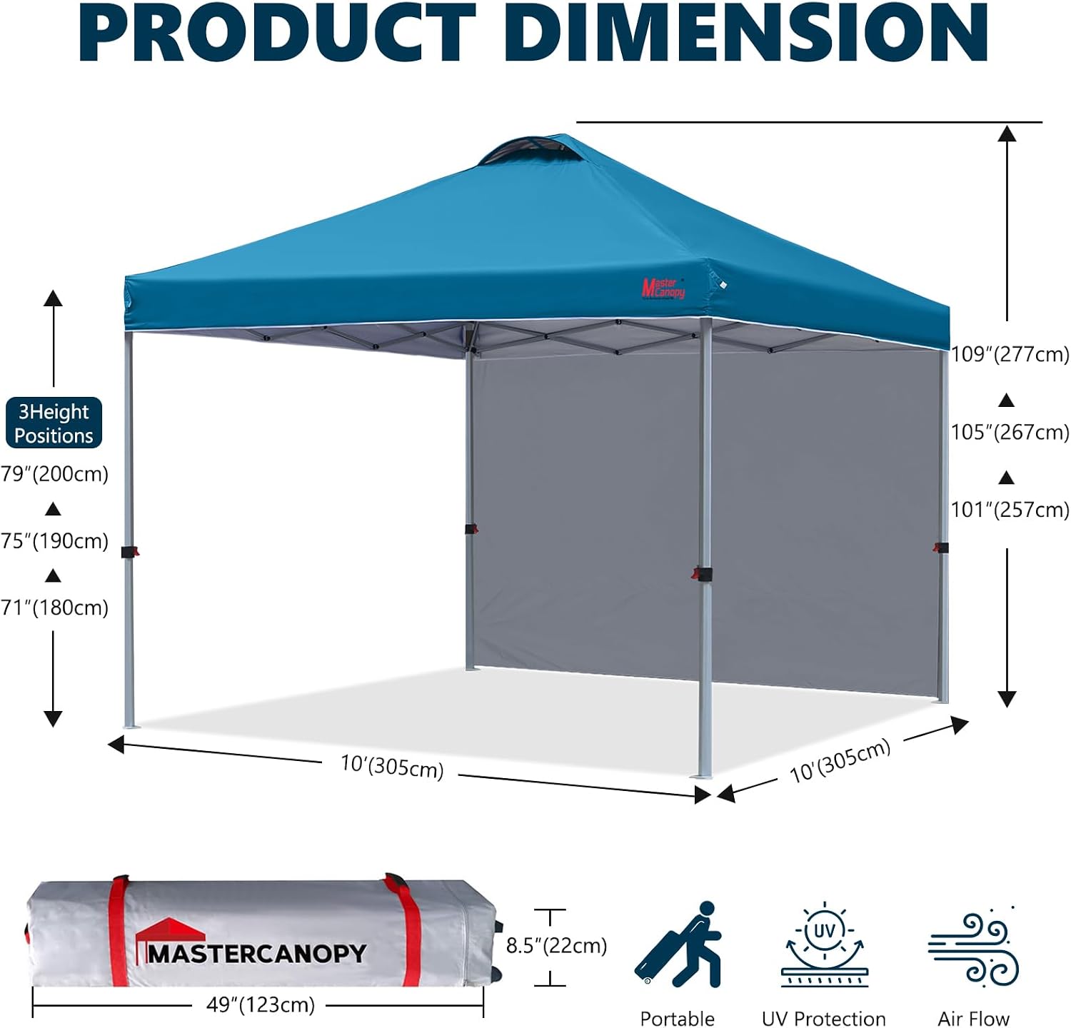 MASTERCANOPY 10x10 Durable Pop Up Canopy Tent with 1 Sidewall. Cyan Blue | One Person Setup. Outdoor Portable Canopy Instant Shelter. Silver Coated Top. Sun Shade. Roller Bag. Beach/Camping/Market