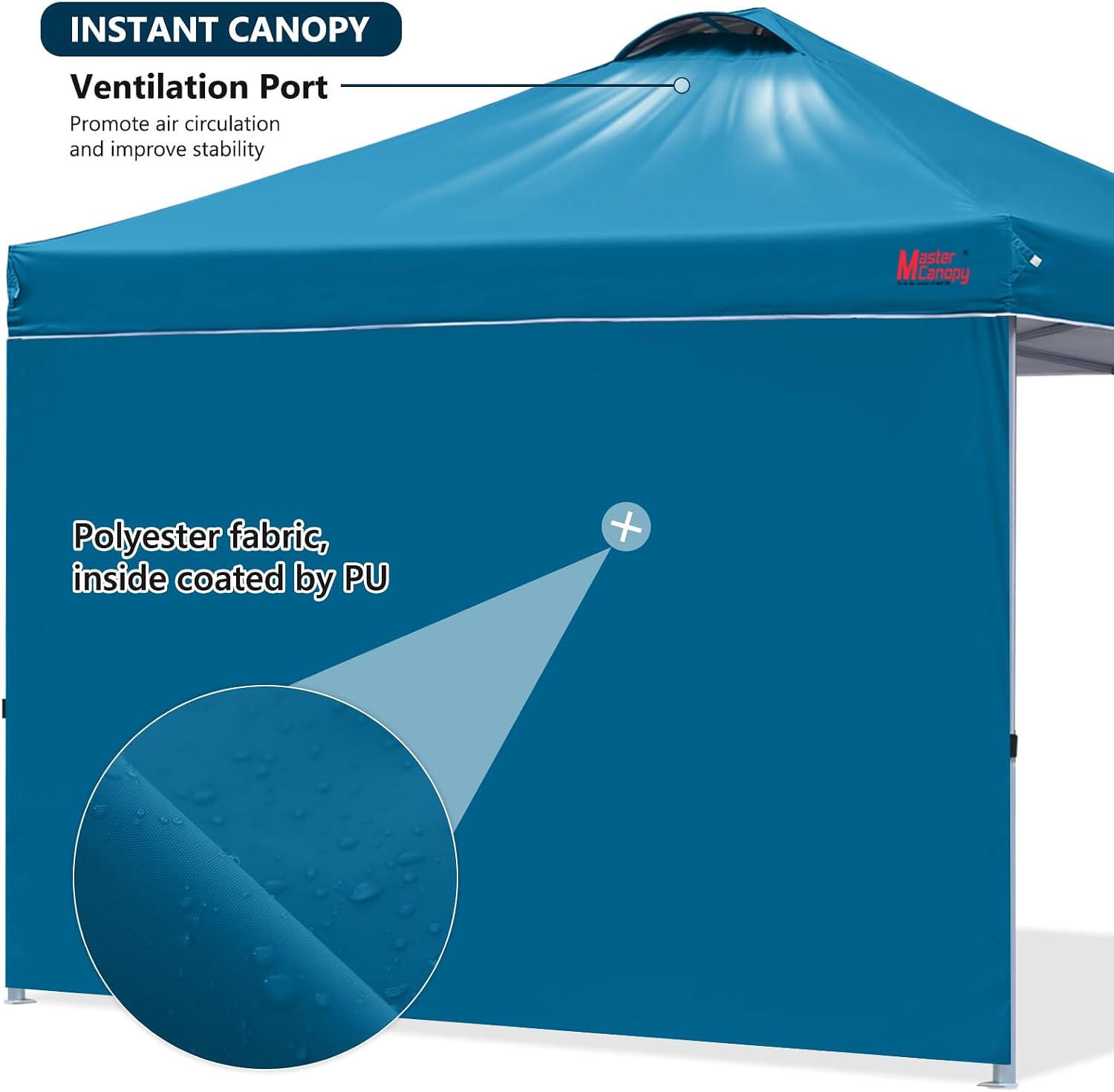 MASTERCANOPY 10x10 Durable Pop Up Canopy Tent with 1 Sidewall. Cyan Blue | One Person Setup. Outdoor Portable Canopy Instant Shelter. Silver Coated Top. Sun Shade. Roller Bag. Beach/Camping/Market