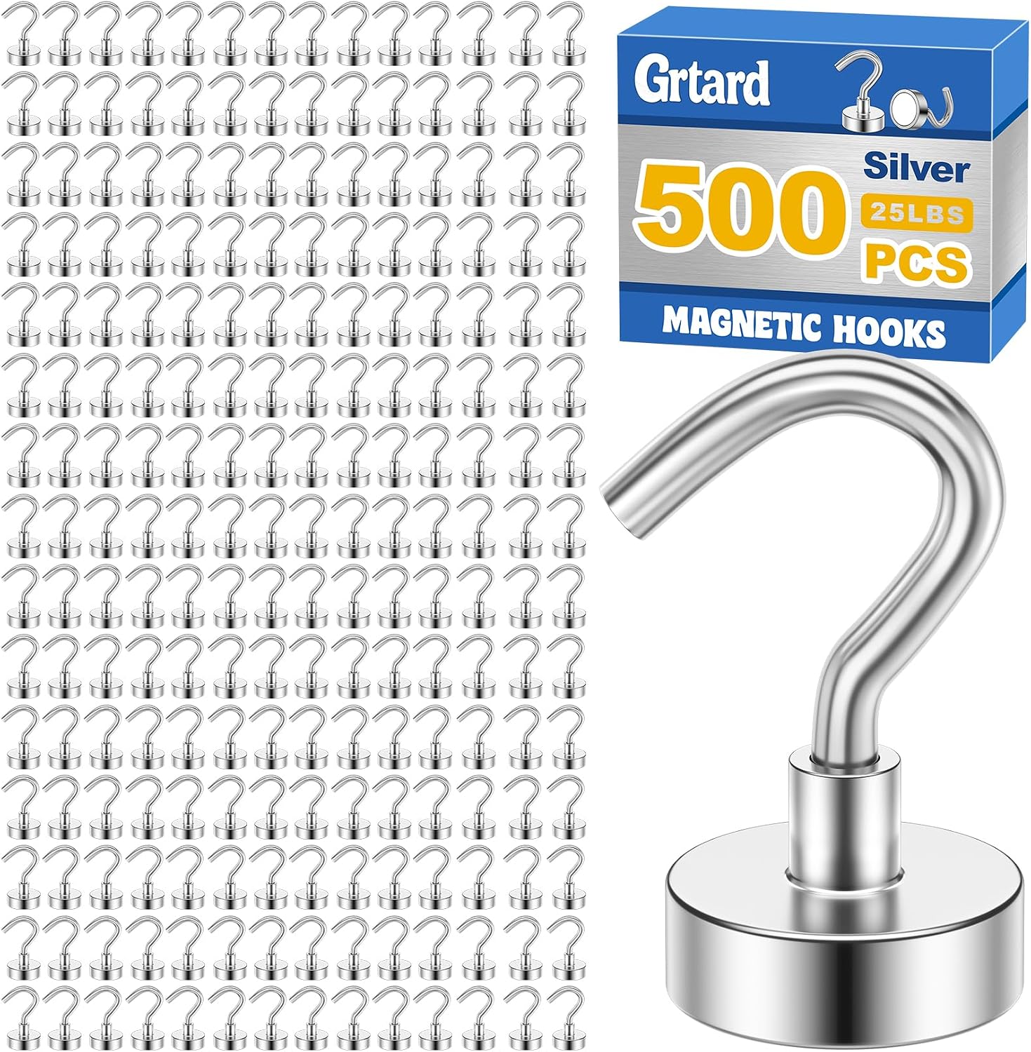 Grtard 500 Pcs Silver Magnetic Hooks Heavy Duty. 30LBS Strong Magnet Hooks | Strong Magnetic Hooks for Cruise Cabin. Metal Magnet with Hooks for Fridge. Home. Kitchen. Industry. Workplace. Office