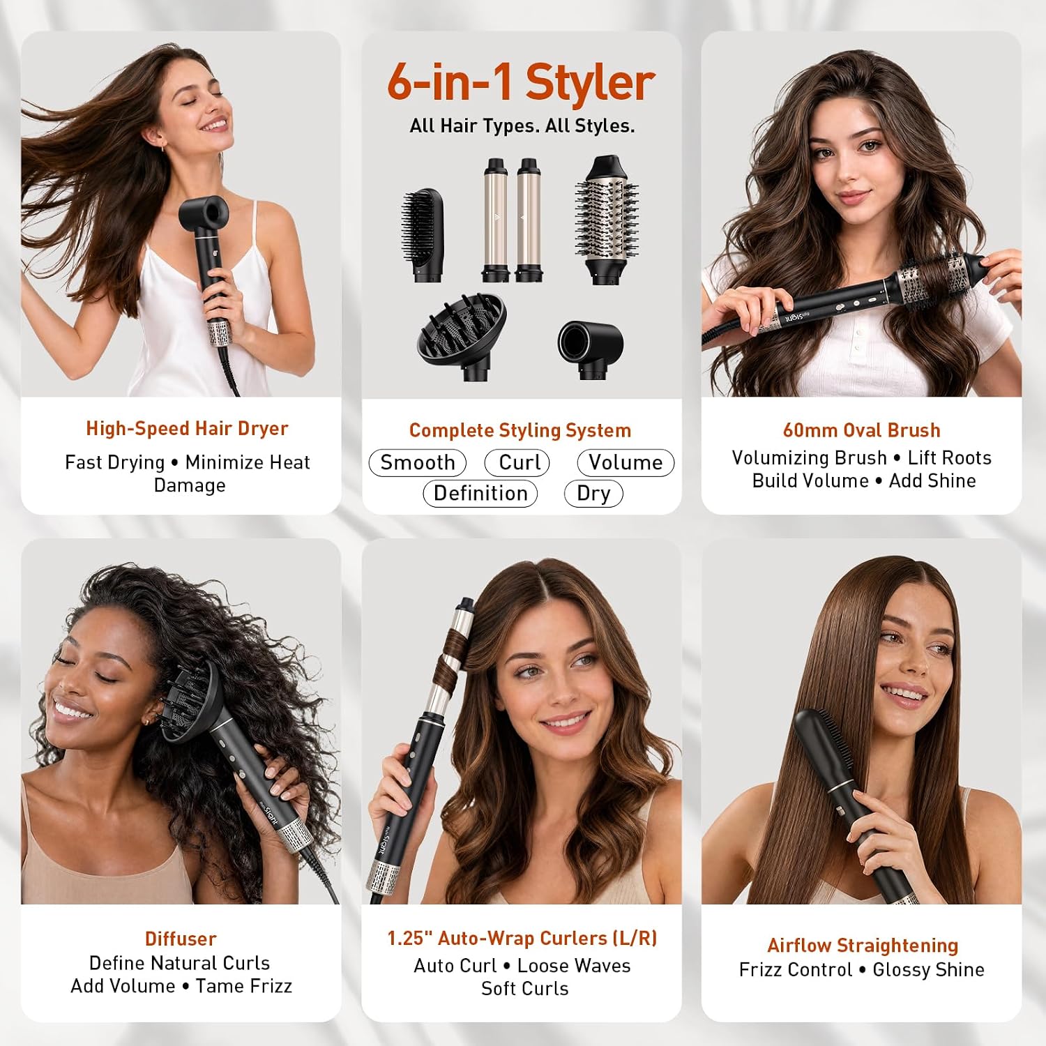 Mythsight StyleVibe 6-in-1 Air Styler with Hair Dryer & Auto-Wrap Curlers | Diffuser. Straightener & Blow Dryer Brush for Fast Drying. Curls. Volume. Smooth Styling and Frizz Control. No Heat Damage