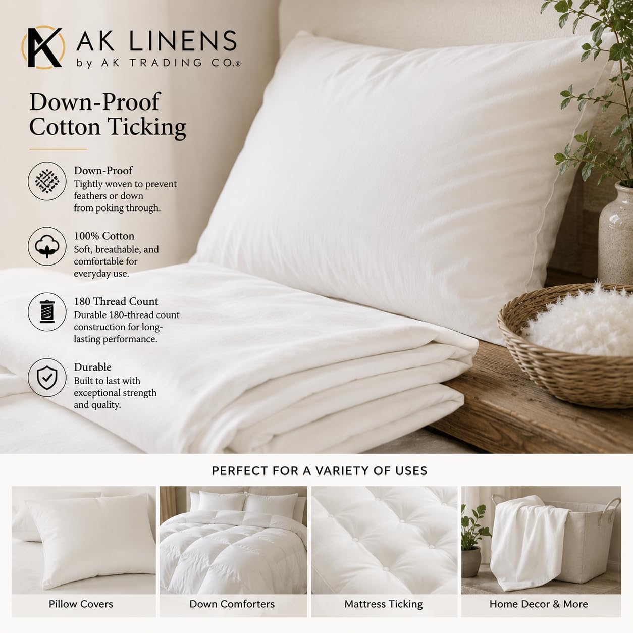 AK TRADING CO. Down-Proof Cotton Ticking Fabric 180 Thread Count (63 Wide. 10 Yards)