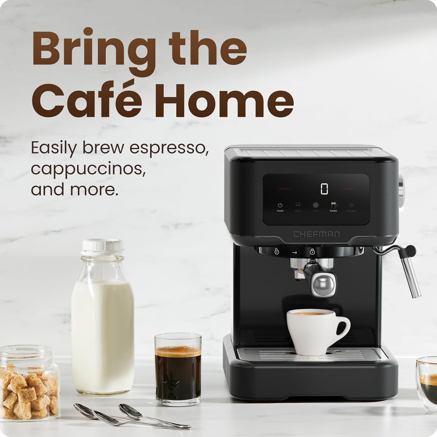 Chefman CraftBrew Espresso Machine. 15-Bar Pump Digital Espresso Maker w/Steam Wand for Latte & Cappuccino. Compact Espresso Coffee Machine w/ 1.5L Removable Water Reservoir - Stainless Black