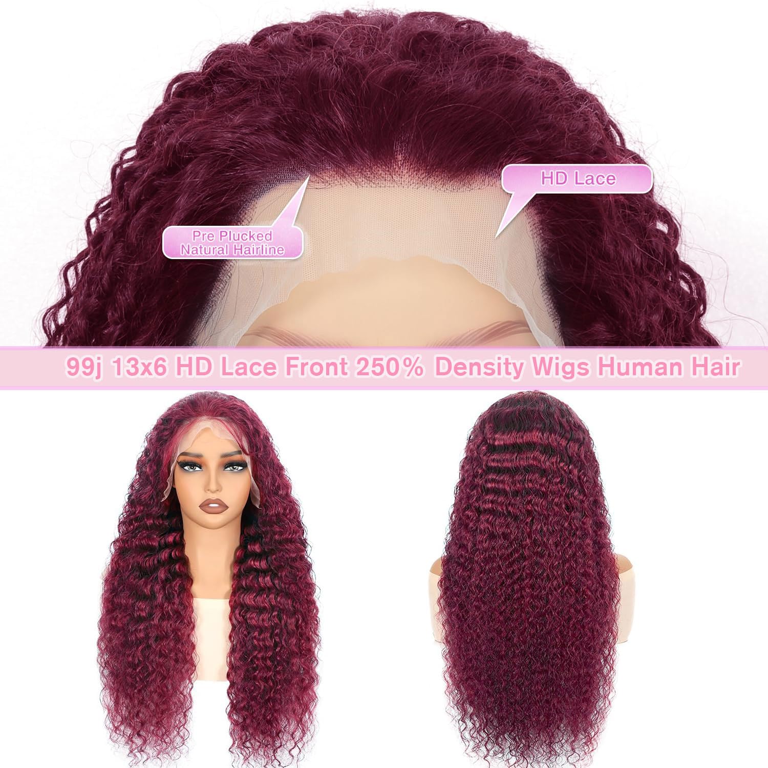 BVLBVL 250% Density 13x6 HD Lace Burgundy Wig Human Hair 20 Inch 99J Deep Wave Lace Front Wigs Human Hair. Pre Plucked Virgin Hair