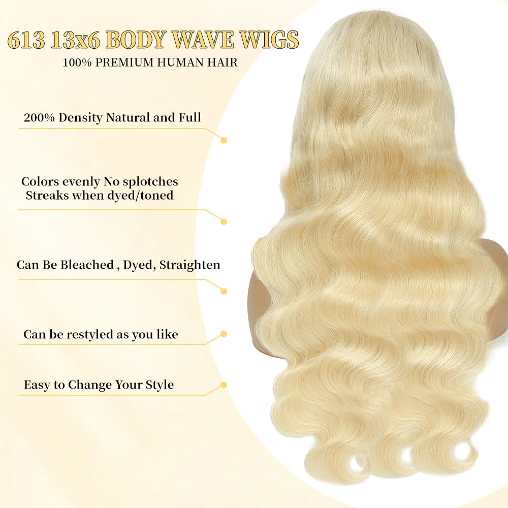 Femca 28 Inch 613 13x6 Lace Front Wig Human Hair 200 Density Body Wave Human Hair Wig 100% Real Human Hair Easily Stained Blend Minimum Shedding Tangle Free Longer life
