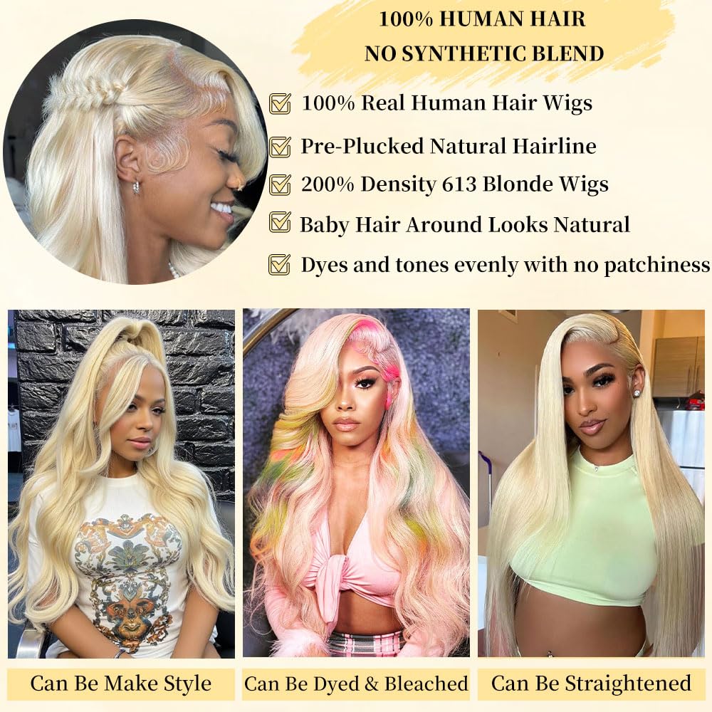 Femca 28 Inch 613 13x6 Lace Front Wig Human Hair 200 Density Body Wave Human Hair Wig 100% Real Human Hair Easily Stained Blend Minimum Shedding Tangle Free Longer life