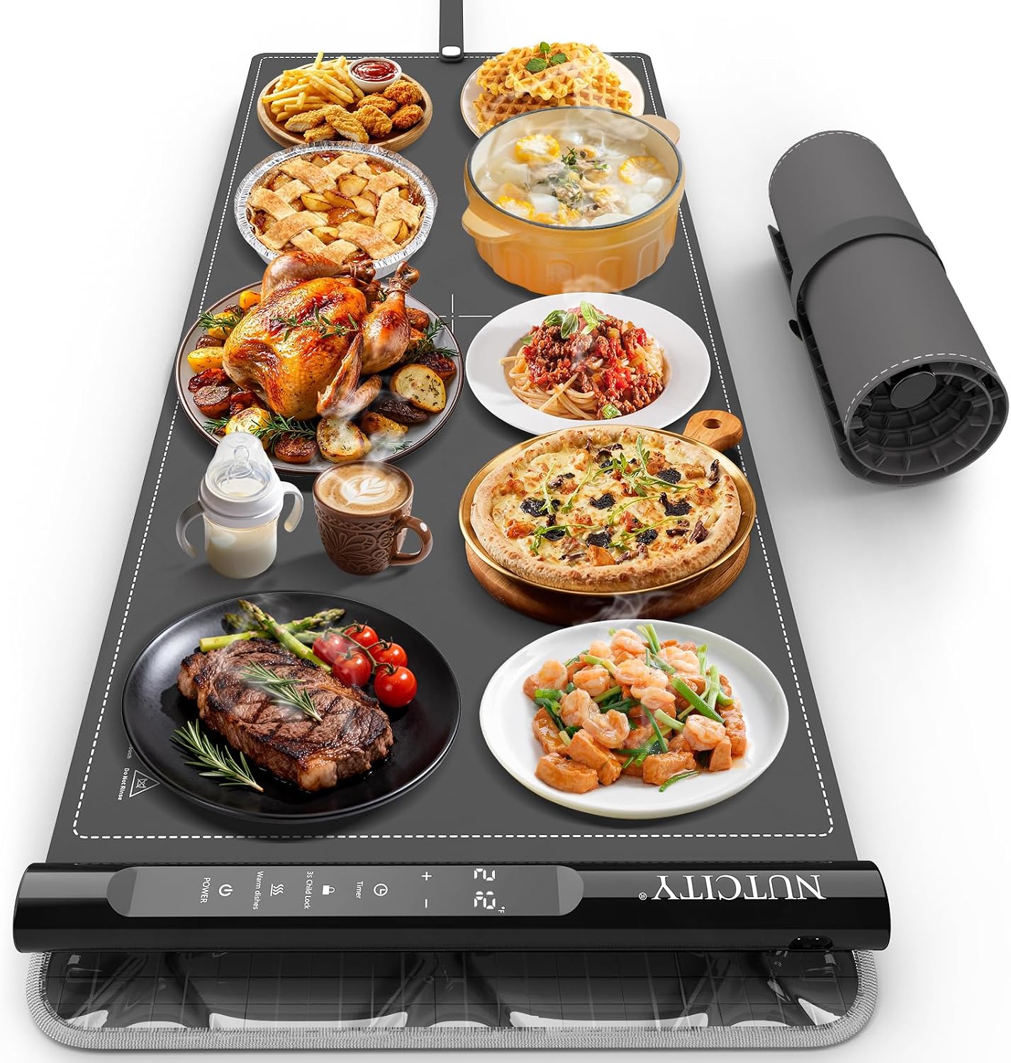 NUTCITY Food Warming Mat Extra Large 40x16 with Insulation Pad | Fast & Even Heating with 7 Temperature Settings and 8H Timer Keeps Meals Warm for Parties. Gatherings and Daily Dining