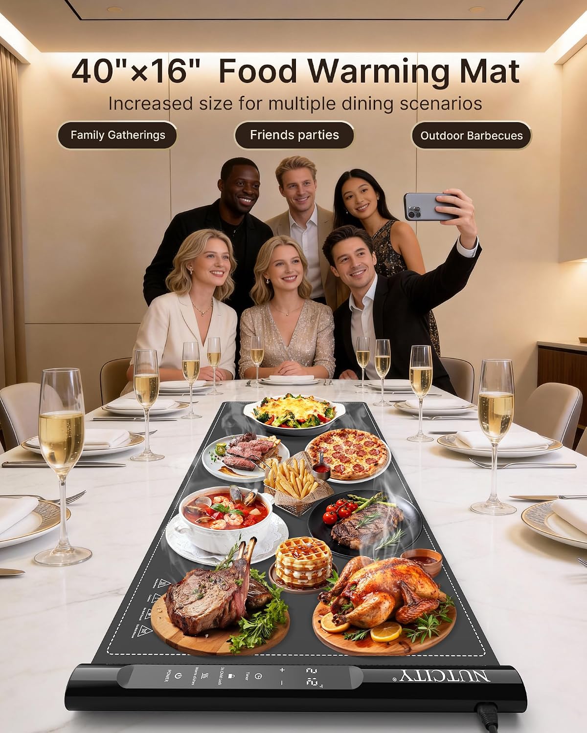 NUTCITY Food Warming Mat Extra Large 40x16 with Insulation Pad | Fast & Even Heating with 7 Temperature Settings and 8H Timer Keeps Meals Warm for Parties. Gatherings and Daily Dining