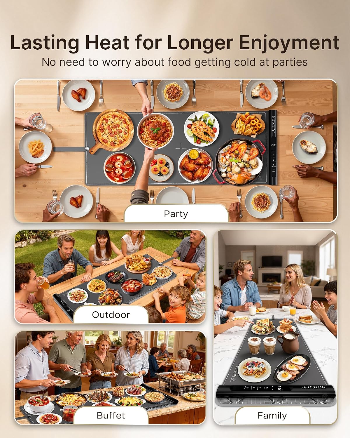 NUTCITY Food Warming Mat Extra Large 40x16 with Insulation Pad | Fast & Even Heating with 7 Temperature Settings and 8H Timer Keeps Meals Warm for Parties. Gatherings and Daily Dining