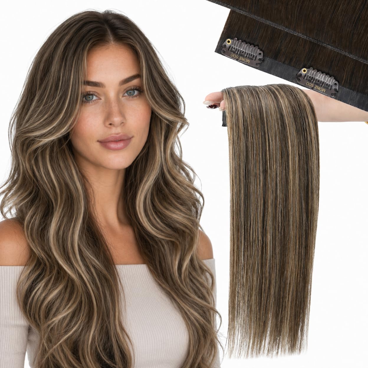 Moresoo Clip in Human Hair Extensions. Balayage Brown. Seamless Genius Weft | Hair extensions clip ins. balayage medium brown to warm caramel. 20inch 130g 7pcs. for weddings. long layered romantic glam