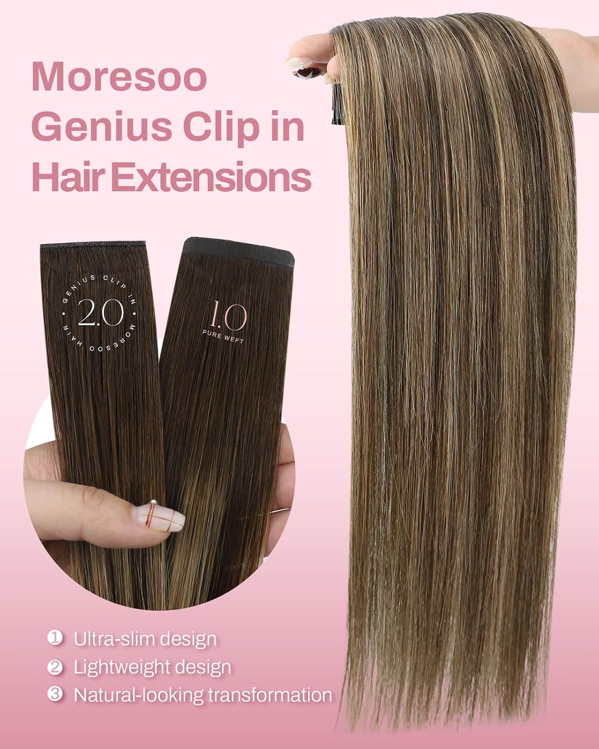 Moresoo Clip in Human Hair Extensions. Balayage Brown. Seamless Genius Weft | Hair extensions clip ins. balayage medium brown to warm caramel. 20inch 130g 7pcs. for weddings. long layered romantic glam