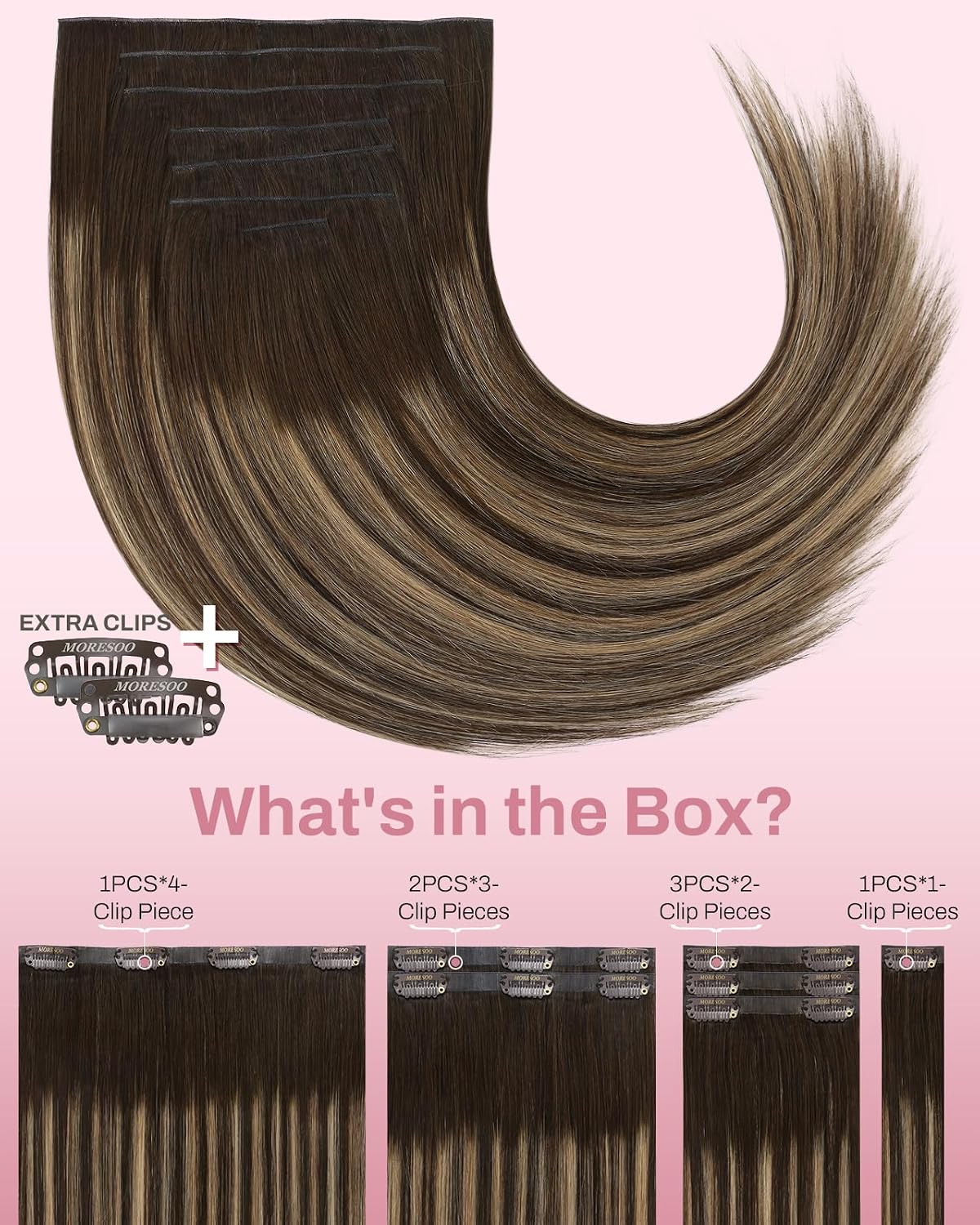 Moresoo Clip in Human Hair Extensions. Balayage Brown. Seamless Genius Weft | Hair extensions clip ins. balayage medium brown to warm caramel. 20inch 130g 7pcs. for weddings. long layered romantic glam