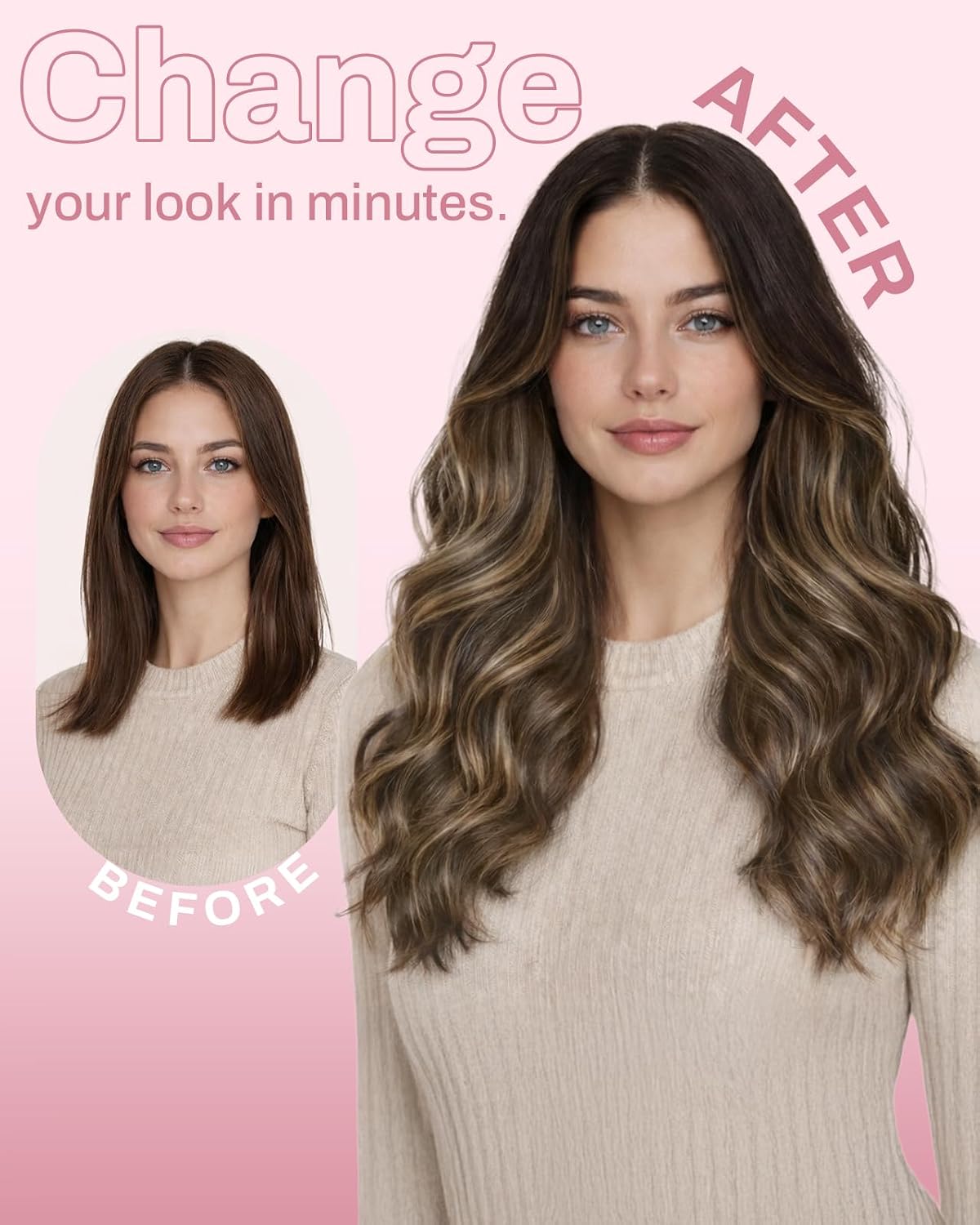 Moresoo Clip in Human Hair Extensions. Balayage Brown. Seamless Genius Weft | Hair extensions clip ins. balayage medium brown to warm caramel. 20inch 130g 7pcs. for weddings. long layered romantic glam