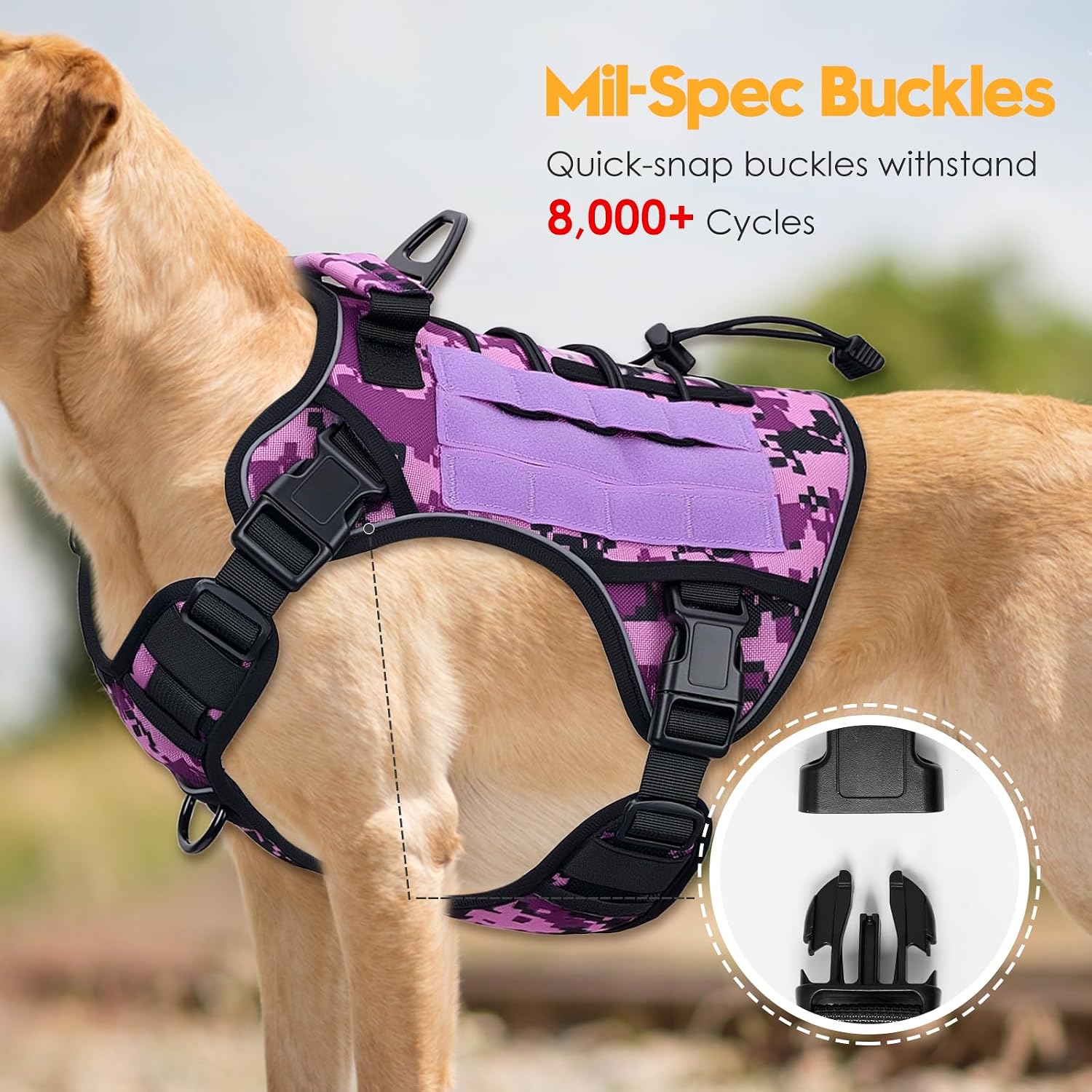 Heavy-Duty Tactical Dog Harness for Large Dogs. No Pull Adjustable Reflective Pet Vest with Molle System. K9 Military-Grade Control for Service Training. Outdoor & 10+ Breeds. Purple Camo. X-Large