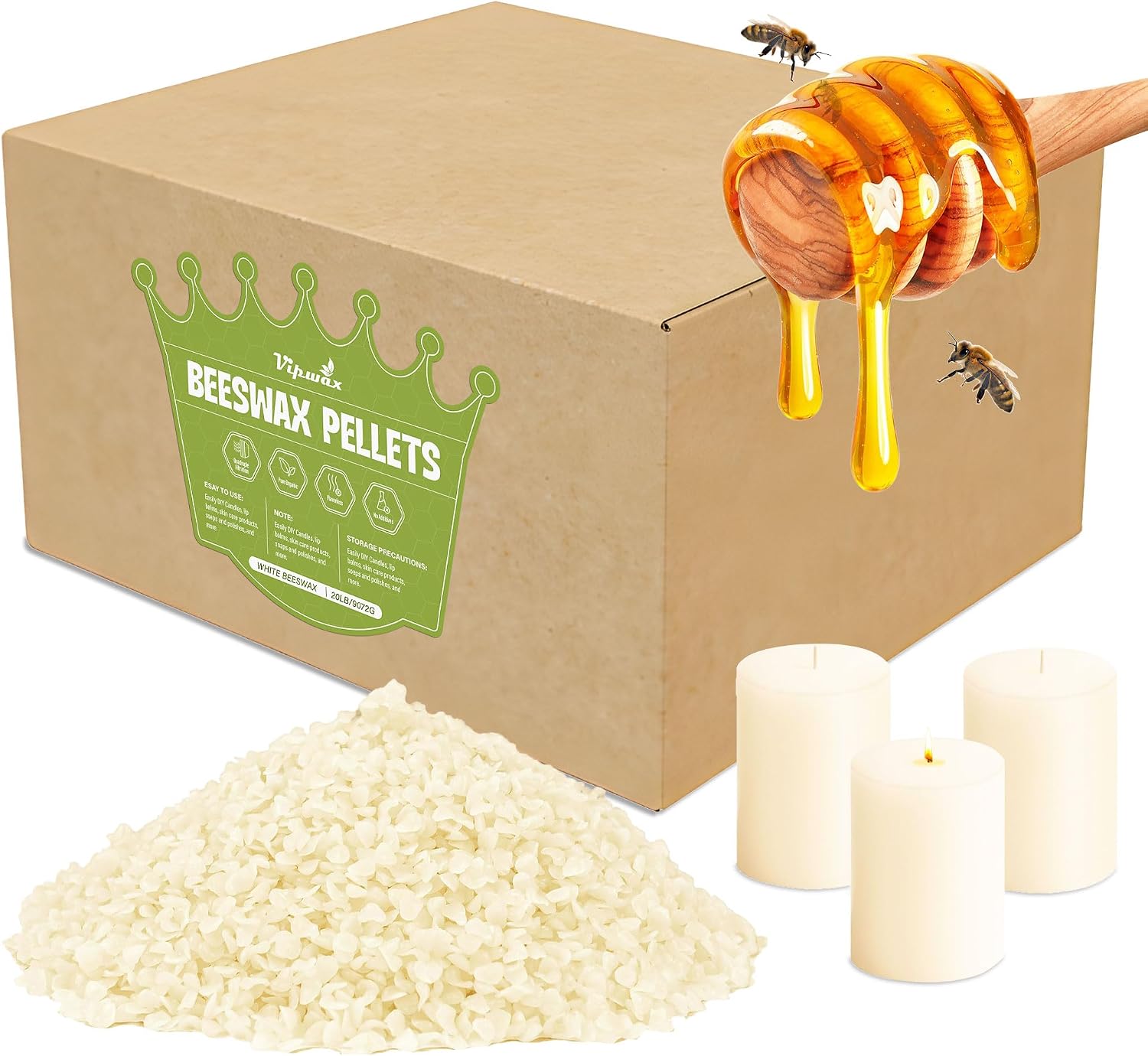 VIPwax White Beeswax Pellets 20LB(9070g). Natural Organic Beeswax | Natural. Organic. Candle Making. Premium Beeswax. Body. Skin Care DIY. Lip Balm and Soap Making Supplies