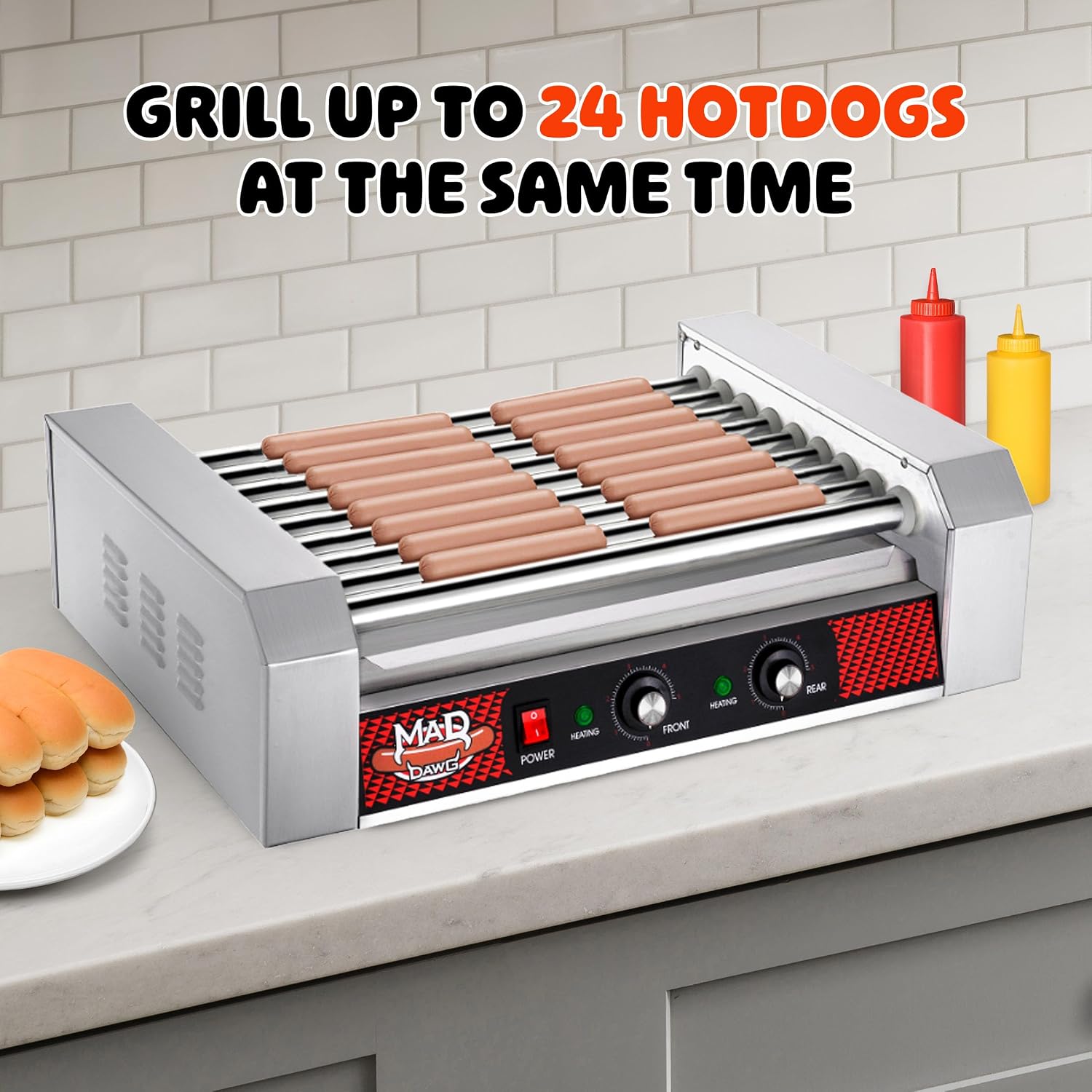 Great Northern Popcorn Hot Dog Roller Machine | Stainless-Steel Cooker with 9 Rollers to Cook Up to 24 Hot Dogs - Concession Stand Supplies