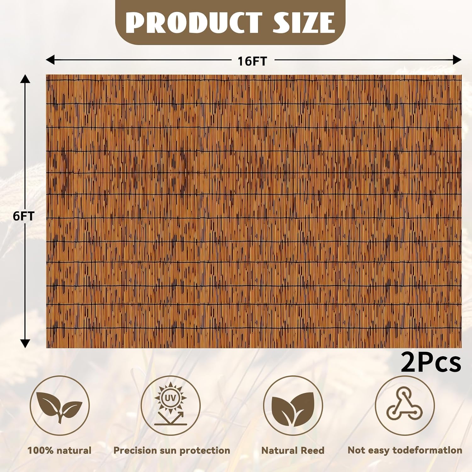 KOIUEYW Bamboo Reed Fencing. Light Russet Bamboo Fence Rolls 6ft High. Decorative Privacy Screen Reed Curtains for Patio Balcony Garden Backyard Outdoor. 6 x 16 FT (2 Pcs)