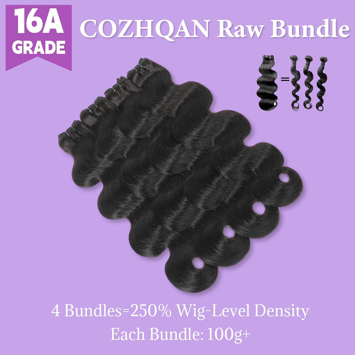 16A Raw Human Hair Bundles 18 20 22 24 Inch Body Wave Bundles Human Hair 100% Unprocessed Brazilian Virgin Hair Triple Lifespan Holds the Curls Well Hair Extensions Quick Weave Natural Black