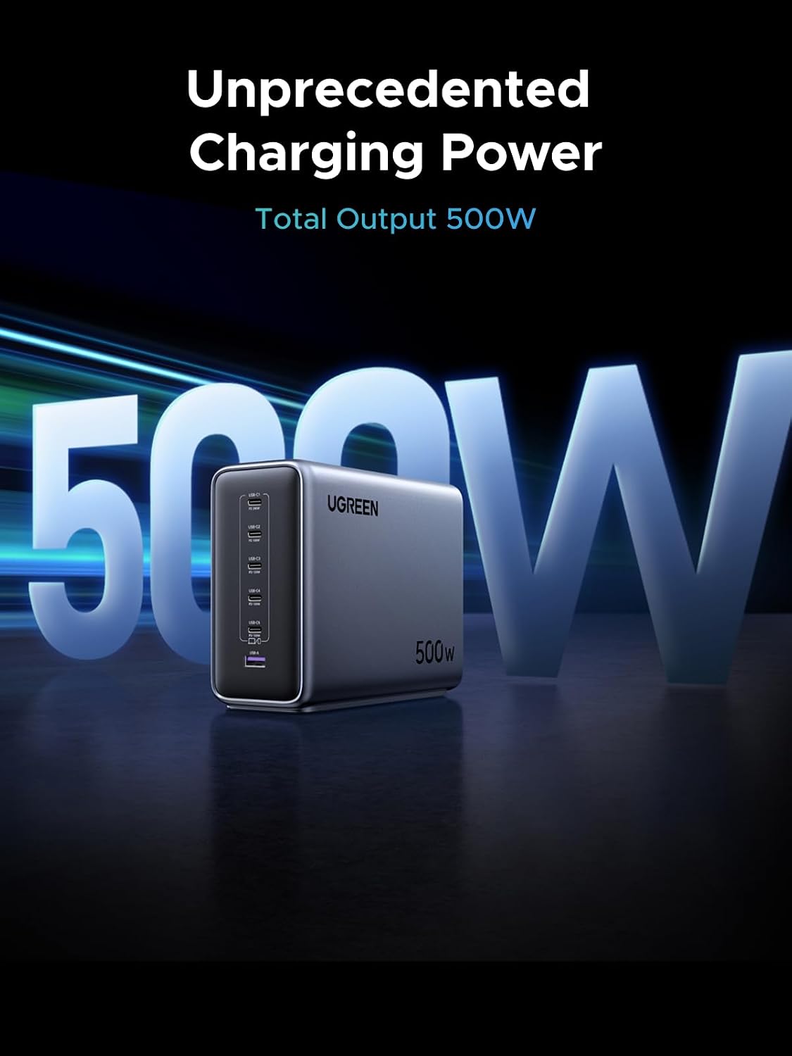 UGREEN Nexode 500W GaN Charging Station. 6-Port USB-C & USB-A with 240W Single Port. Smart Temperature Control & Space-Saving Design for iPhone 17/16/15. Galaxy S25/S24. MacBook Pro/Air. iPad. Laptops
