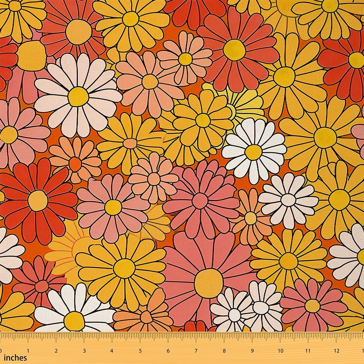 Feelyou Retro Hippie Flower Fabric By The Yard 10 Yards Kids 60s 70s Groovy Soft Flannel Fabric for Boys Vintage Boho Plant Floral Botanical Upholstery for Chairs Orange