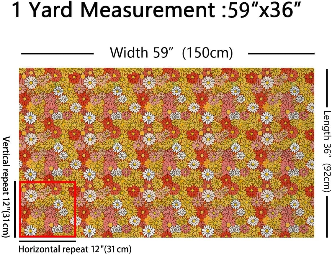Feelyou Retro Hippie Flower Fabric By The Yard 10 Yards Kids 60s 70s Groovy Soft Flannel Fabric for Boys Vintage Boho Plant Floral Botanical Upholstery for Chairs Orange