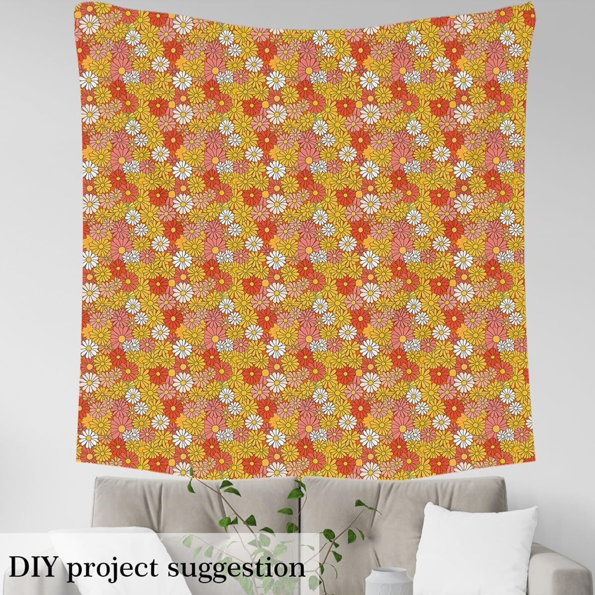 Feelyou Retro Hippie Flower Fabric By The Yard 10 Yards Kids 60s 70s Groovy Soft Flannel Fabric for Boys Vintage Boho Plant Floral Botanical Upholstery for Chairs Orange
