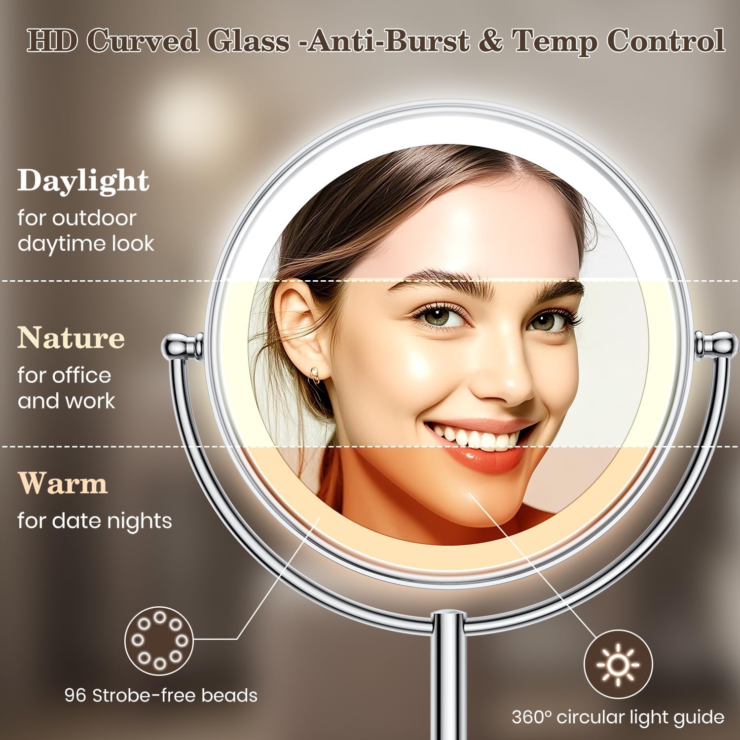 VESAUR 11.8 Extra Large 17 Tall Lighted Makeup Mirror. 1X/5X/10X 3-Sided Magnifying Mirror with 96 LEDs. 3 Color Dimmable Lights. 360° Swivel Dual Power Vanity Mirror. Silver Nickel Luxury Gift Box