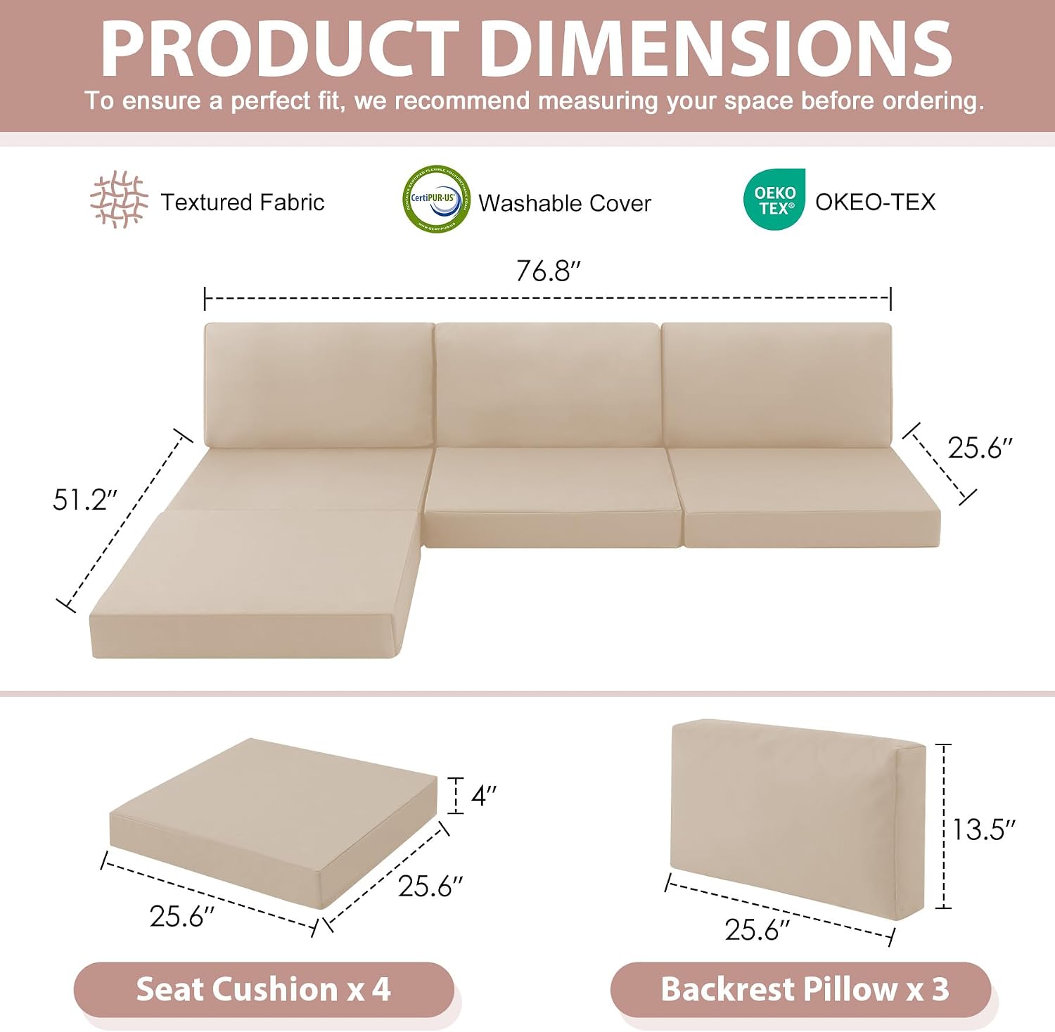 MuaMelop 7-Piece Patio Furniture Cushions Set. Replacement Outdoor Cushions for 4-Seat Patio Sectional. Waterproof & Fade Resistant Deep Seat Cushion for Outdoor Sofa. Beige