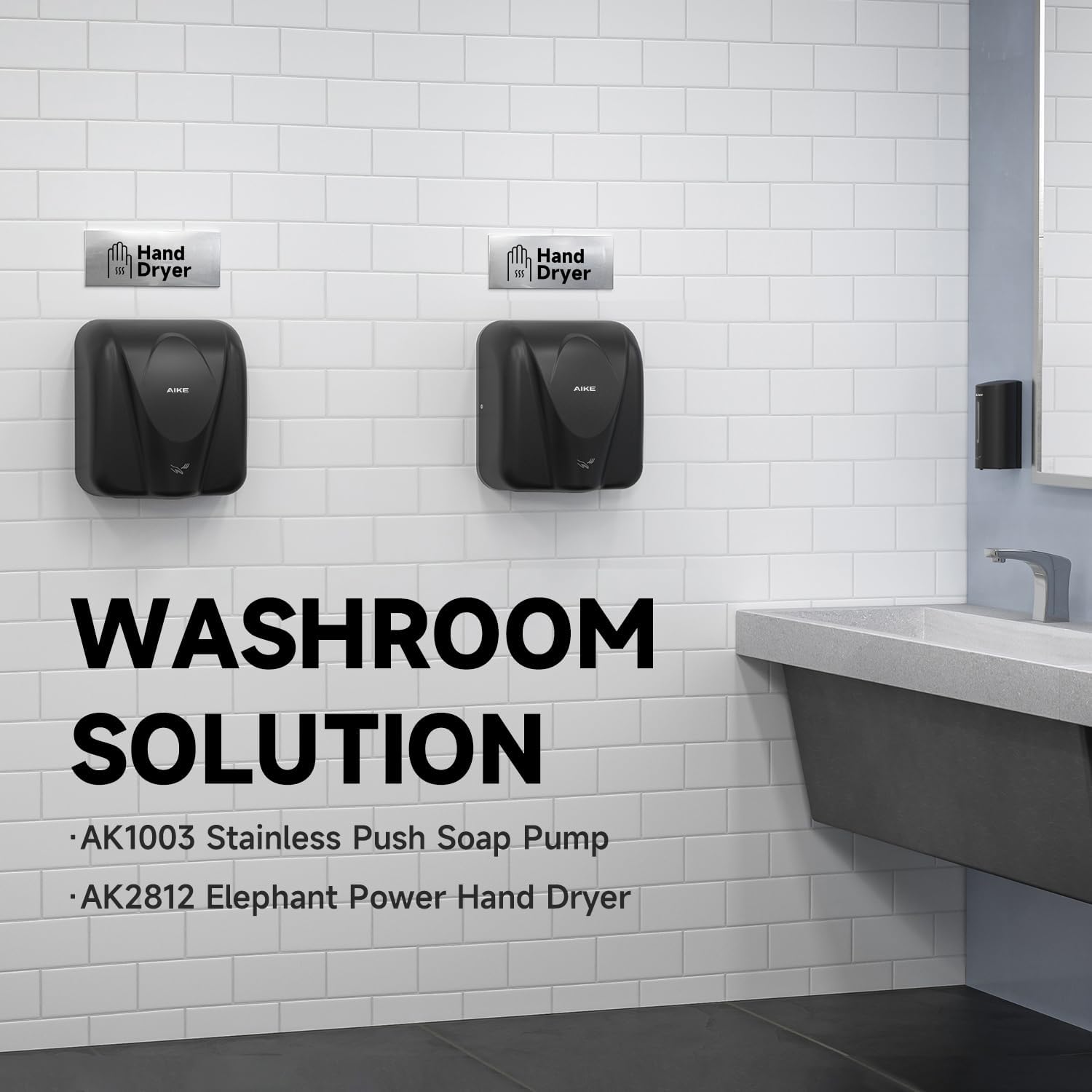 AIKE Elephant Power Hand Dryer for Commercial Bathroom MatteBlack.AK2812 | 15S Fast Dry Heavy Duty High Speed Design. Plug-in Easy Install and Hardwiring Friendly.Stainless Steel Model AK2812