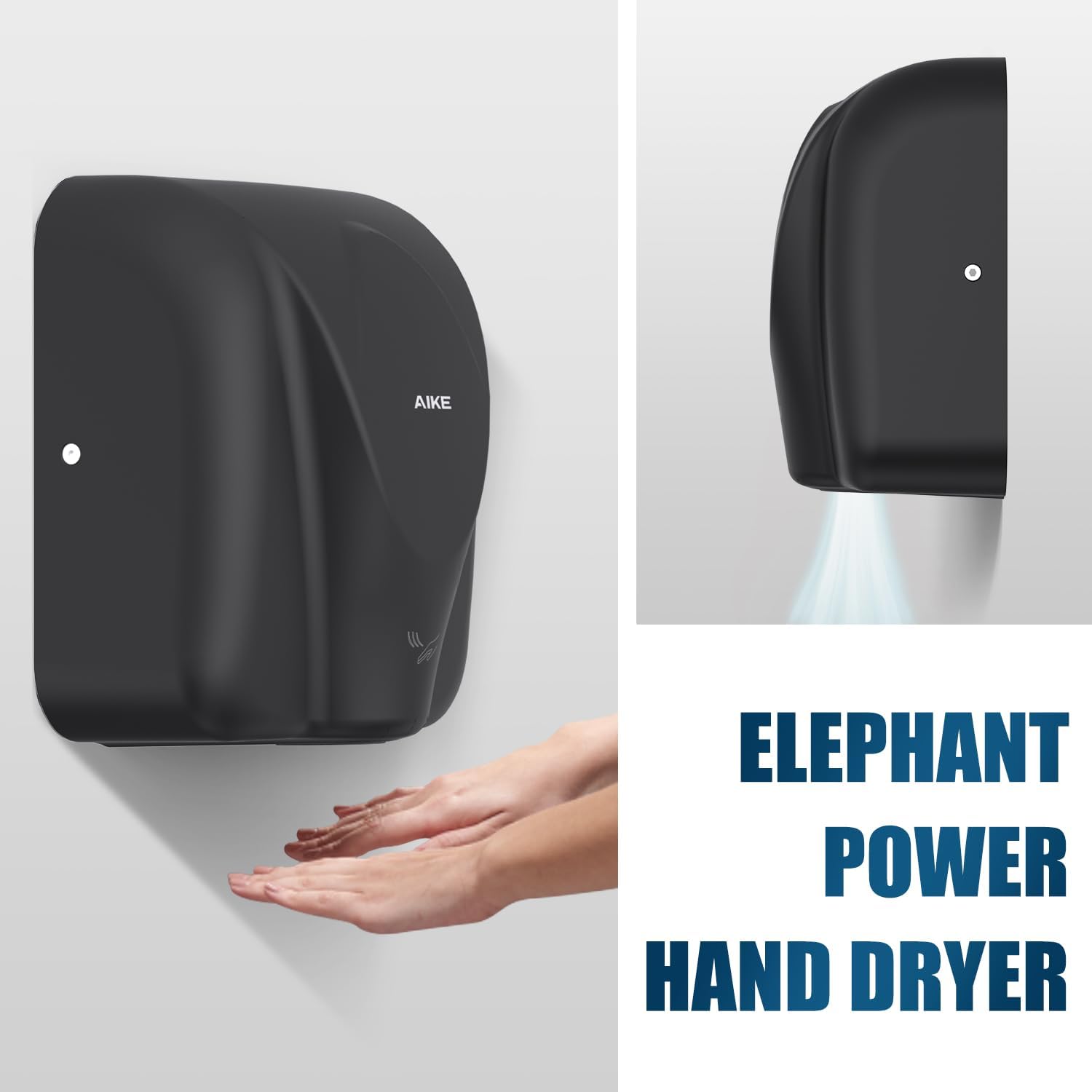 AIKE Elephant Power Hand Dryer for Commercial Bathroom MatteBlack.AK2812 | 15S Fast Dry Heavy Duty High Speed Design. Plug-in Easy Install and Hardwiring Friendly.Stainless Steel Model AK2812