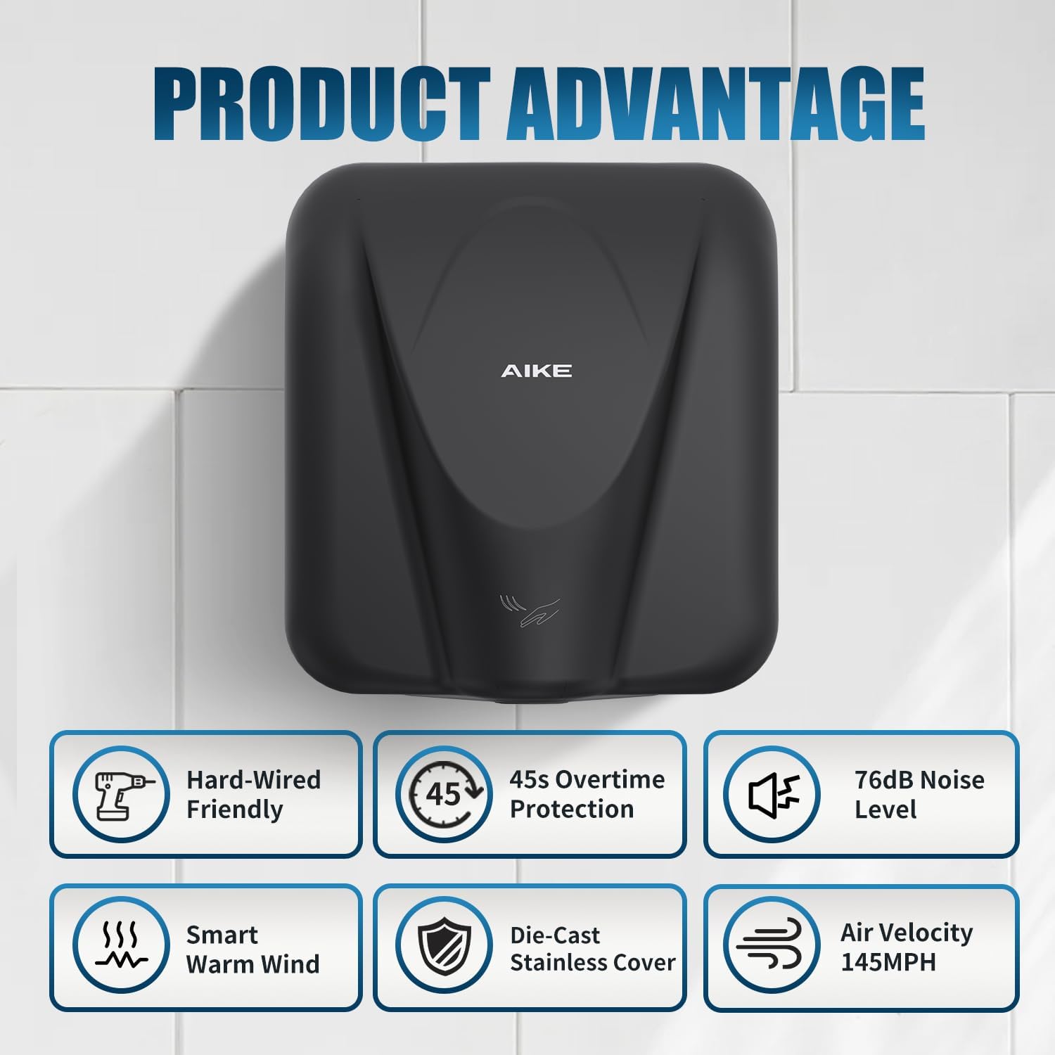 AIKE Elephant Power Hand Dryer for Commercial Bathroom MatteBlack.AK2812 | 15S Fast Dry Heavy Duty High Speed Design. Plug-in Easy Install and Hardwiring Friendly.Stainless Steel Model AK2812