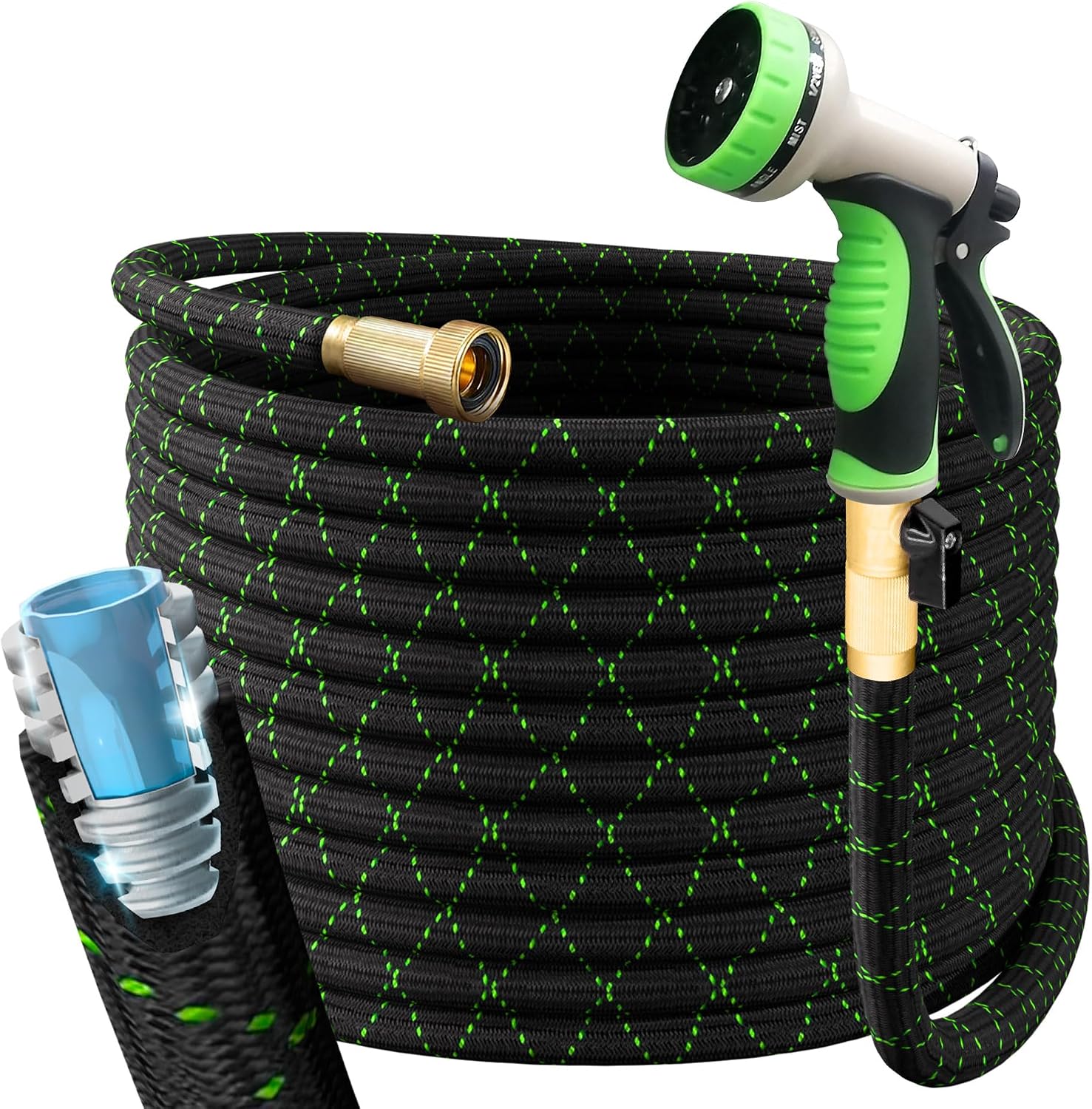 PowerFlow Garden Hose. NON-EXPANDABLE 100ft Premium Quality Stainless Steel Metal Water Hose with Durable Fabric Skin. Hose For Commercial. Residential Use. Bonus 10-way Spray Nozzle (100 Ft. Black)