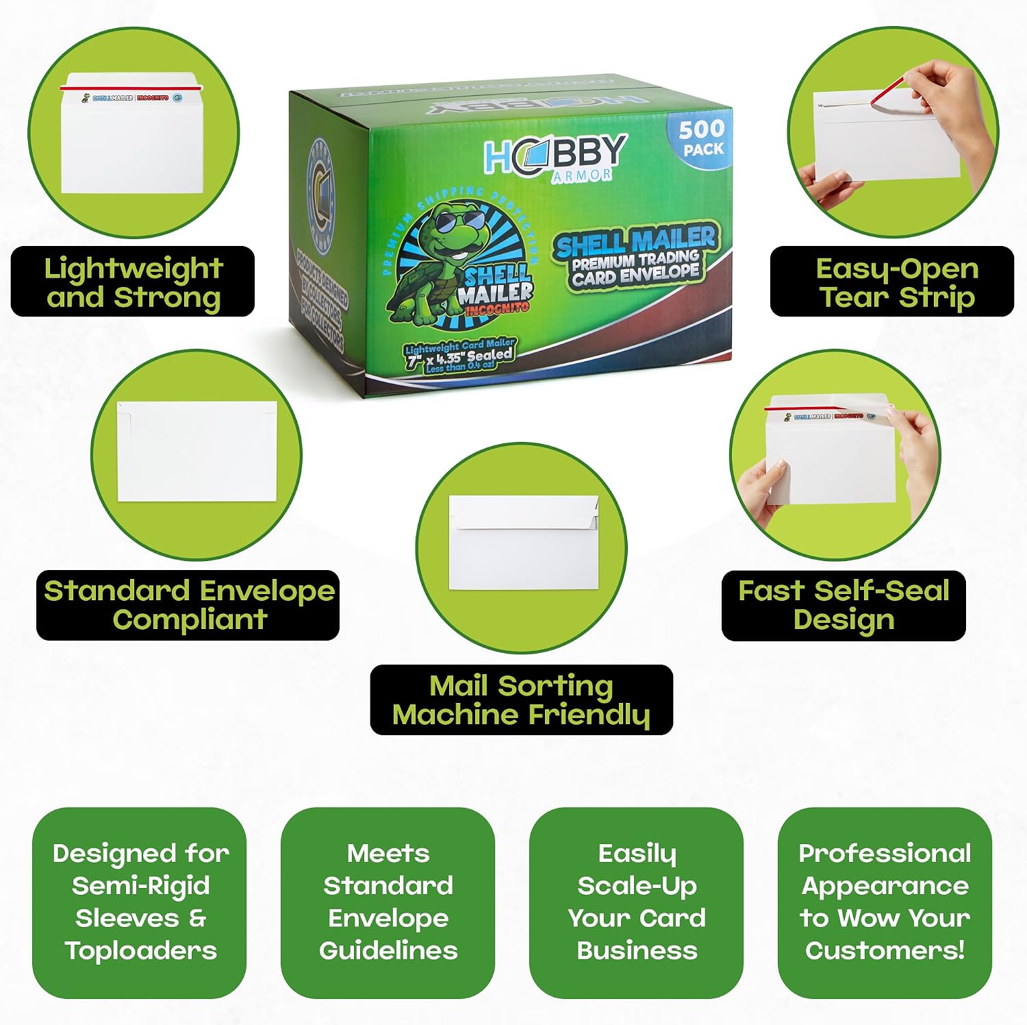 Shell Mailer Incognito Trading Card Envelopes for Shipping 500 Card Mailers | Perfect Fit for Semi-Rigids & Toploaders. No Print on Outside. Sides Glued Flat for Sorting Machines. Custom Protective Flap