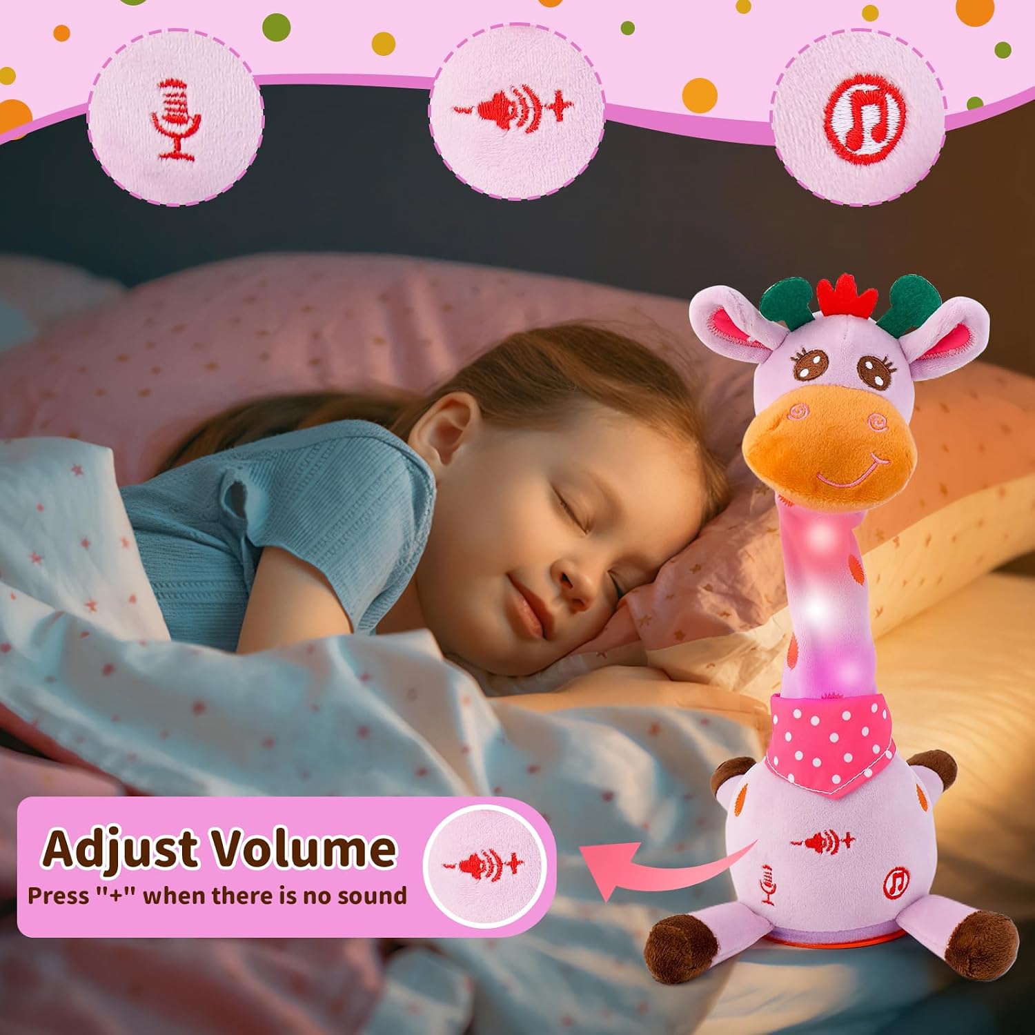 Emoin Talking Giraffe Baby Toy. Dancing Giraffe Plush Toy Musical Giraffe Mimicking Toy.Talking Repeat Singing 10 Pcs Songs Repeating What You Say Sing+Dancing+Recording+LED (Adjustable Volume) | Talking Repeat Singing 10 Songs Repeating What You Say. Dancing Recording LED. Adjustable Volume